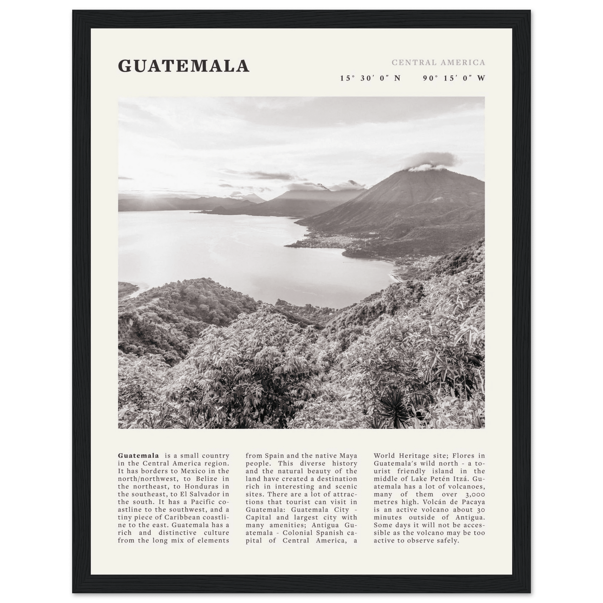 Guatemala Poster | Black & White Lake Atitlan Wall Art | Central America Travel Print - Evergreen Posters