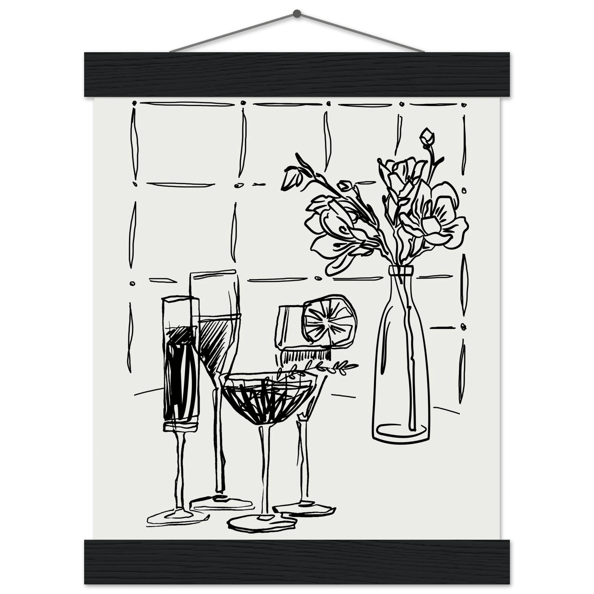 Cocktails & Flowers Print | Black Line Art Drinks Wall Art | Kitchen Bar Poster - Evergreen Posters