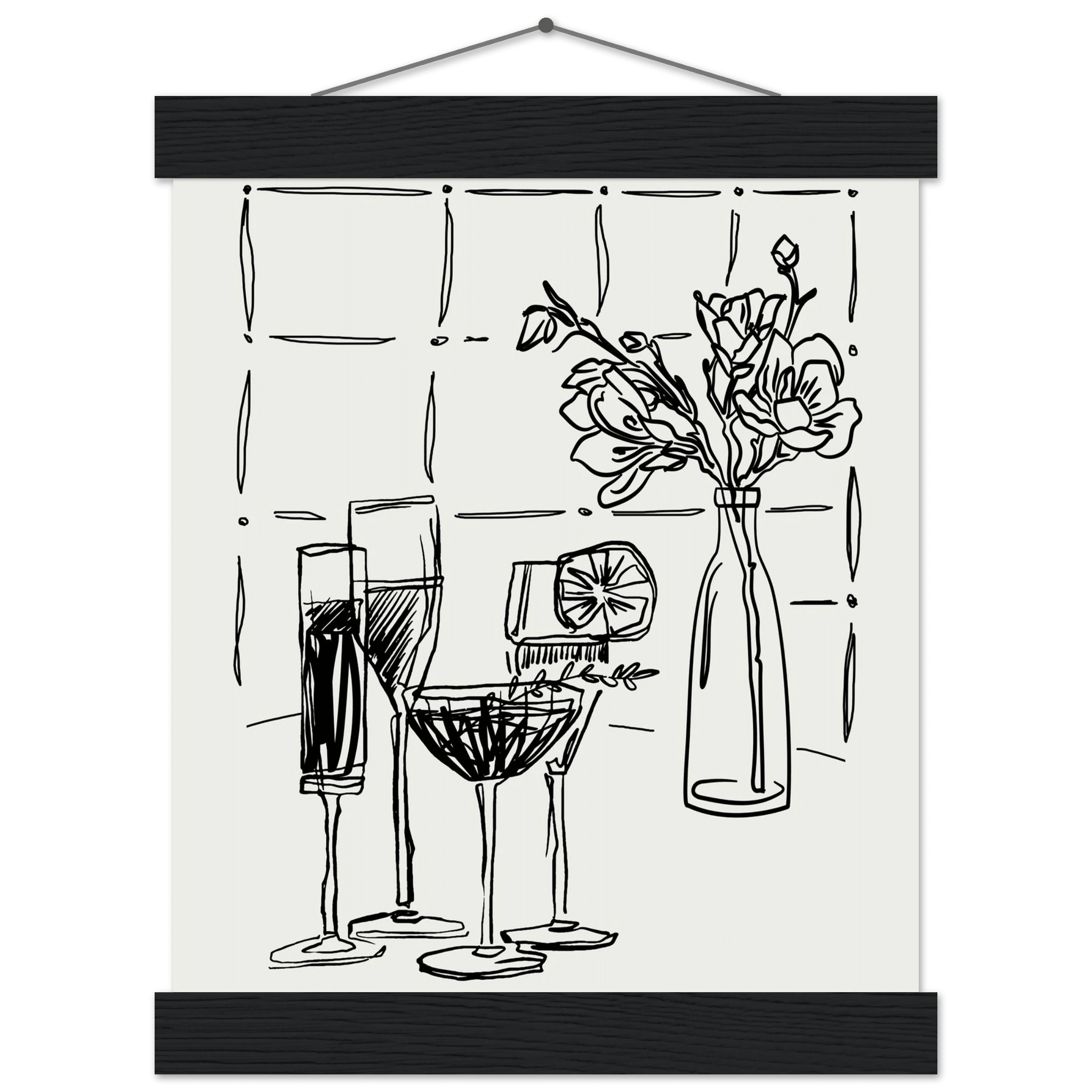 Cocktails & Flowers Print | Black Line Art Drinks Wall Art | Kitchen Bar Poster - Evergreen Posters