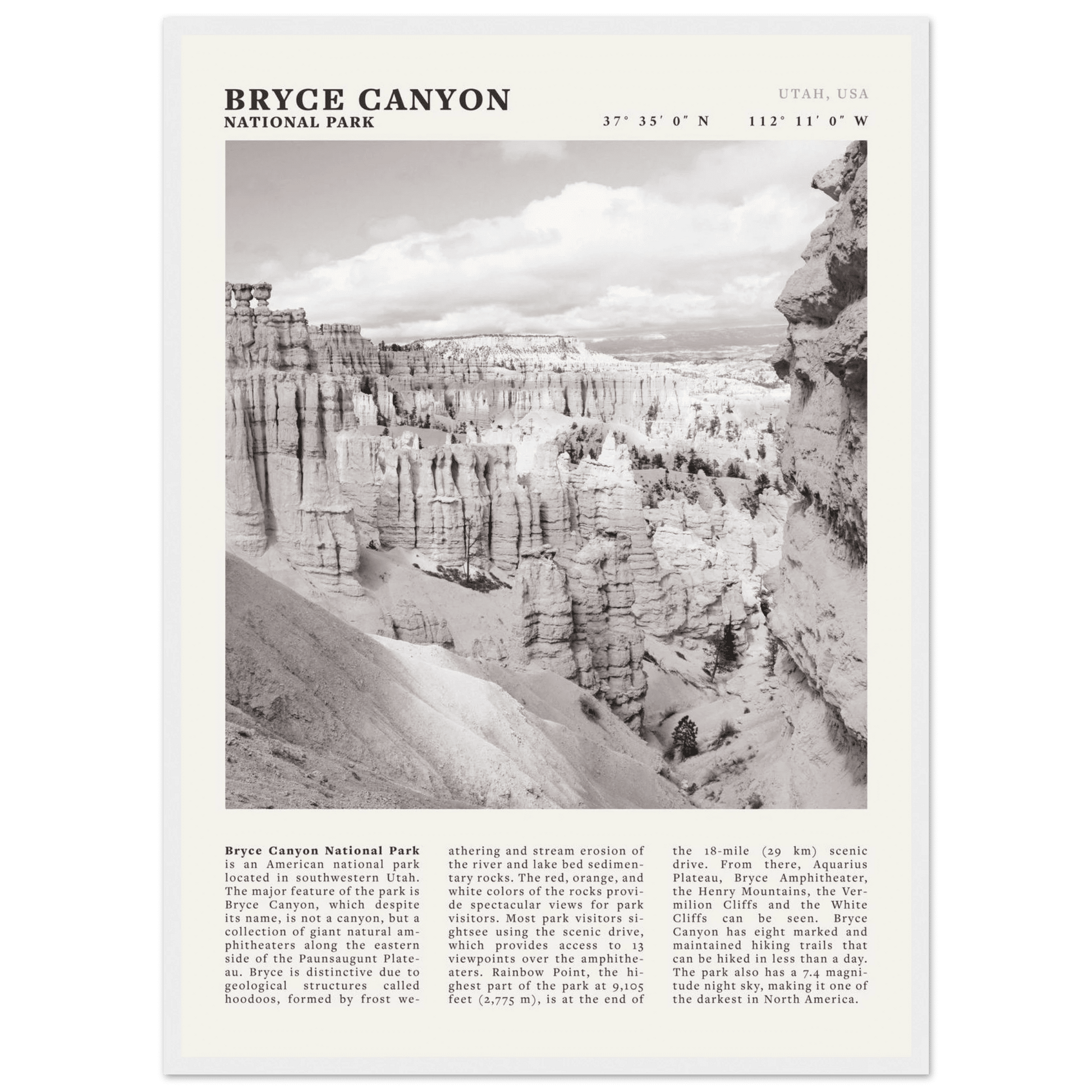 Bryce Canyon National Park Poster | Black & White Utah Hoodoos Wall Art Print - Evergreen Posters - 30
