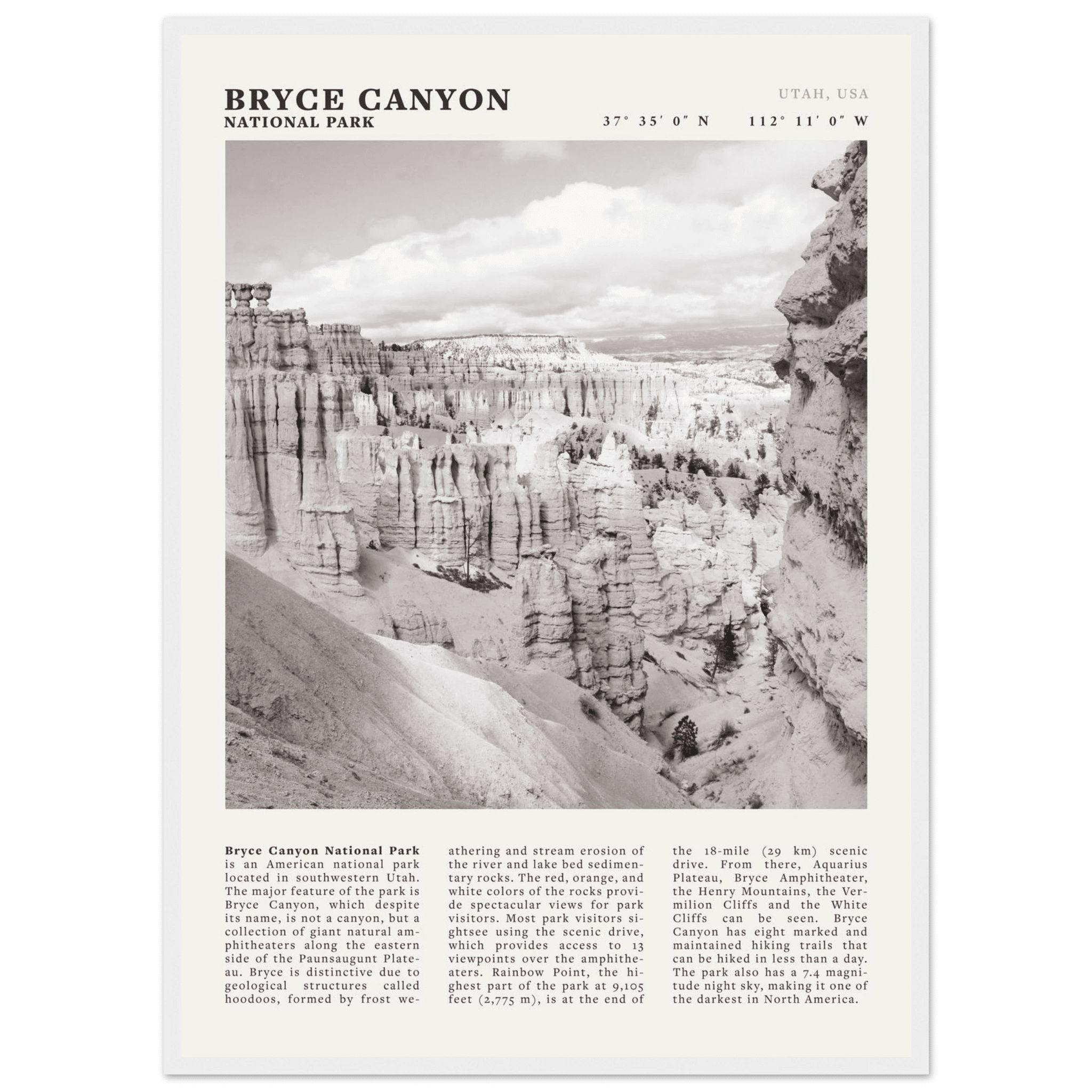 Bryce Canyon National Park Poster | Black & White Utah Hoodoos Wall Art Print - Evergreen Posters - 30