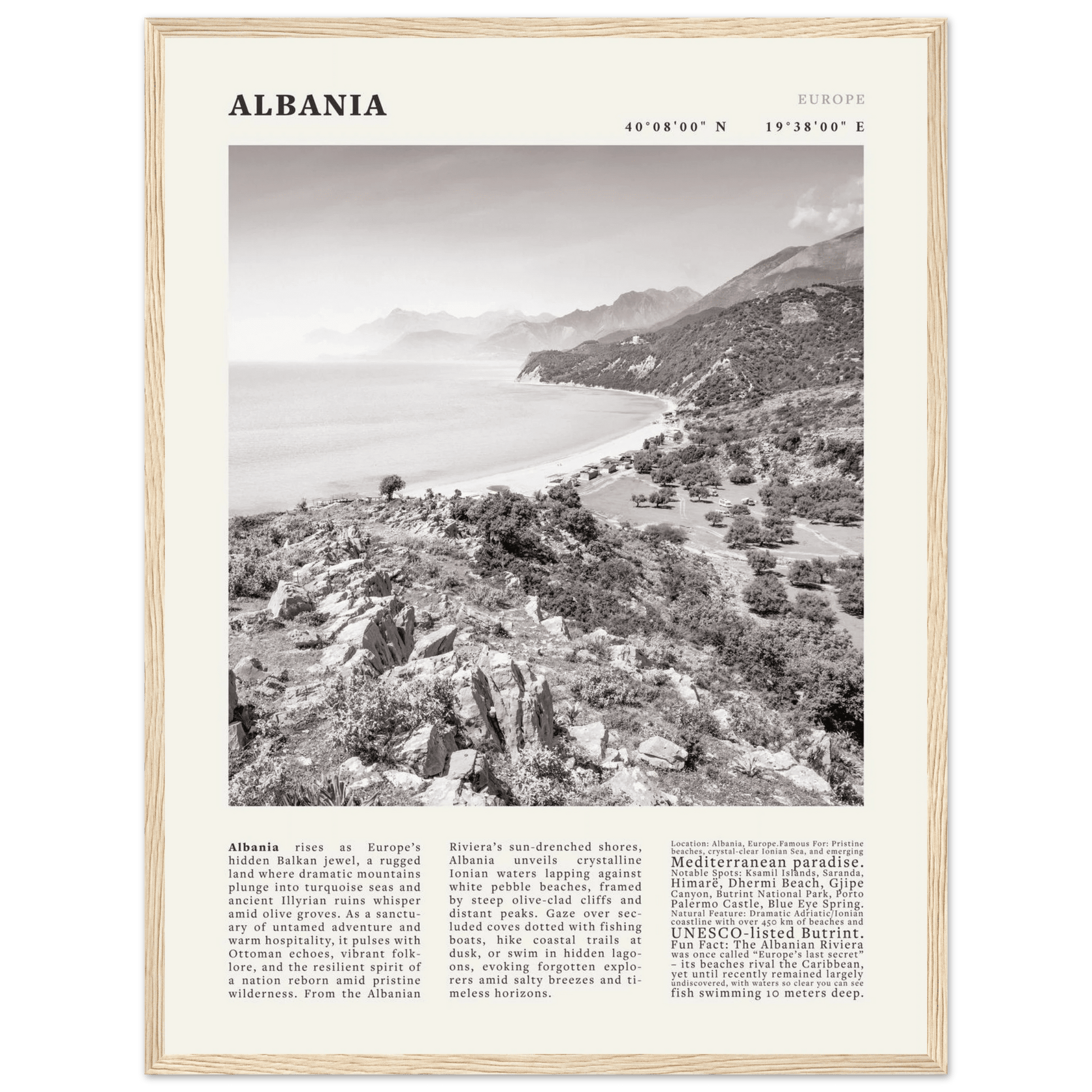 Albania Poster Black and White – Vintage Albanian Riviera Travel Print (Digital & Printed Options) - Evergreen Posters