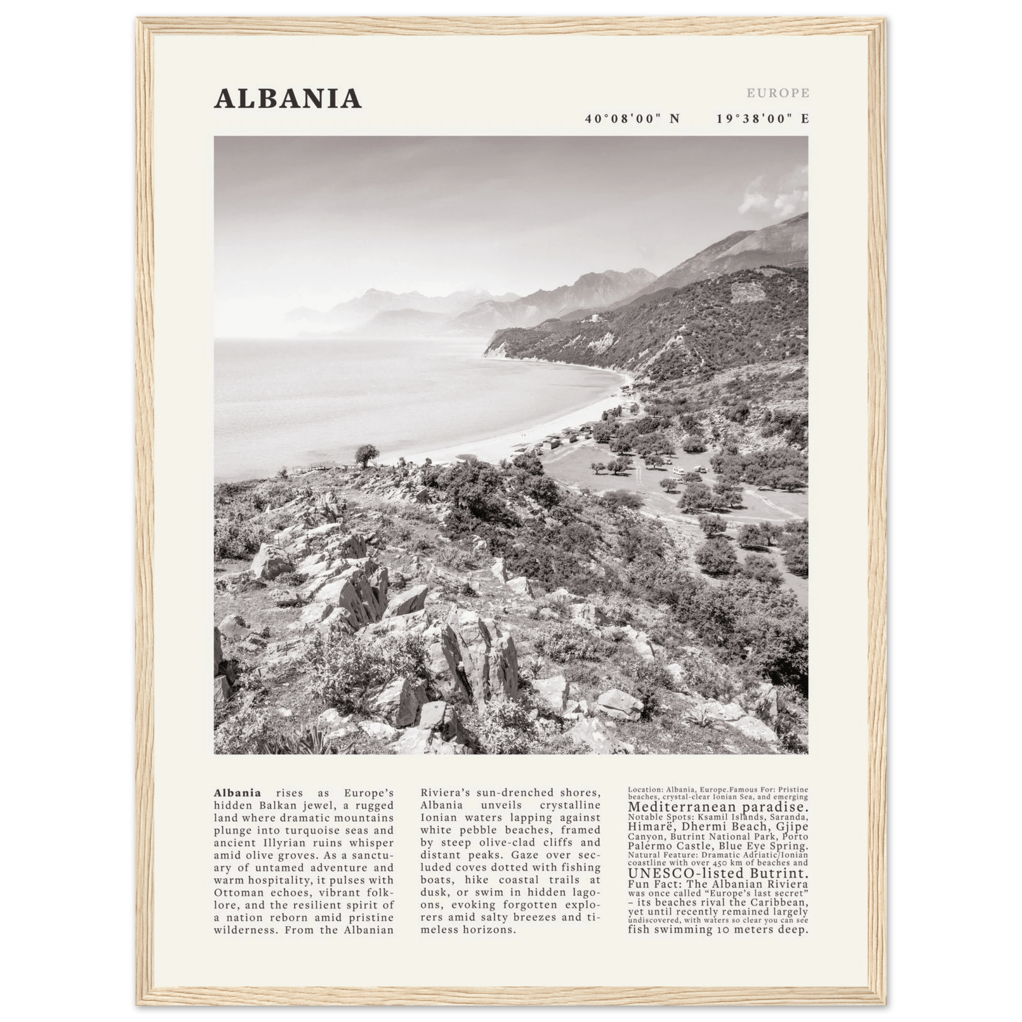 Albania Poster Black and White – Vintage Albanian Riviera Travel Print (Digital & Printed Options) - Evergreen Posters