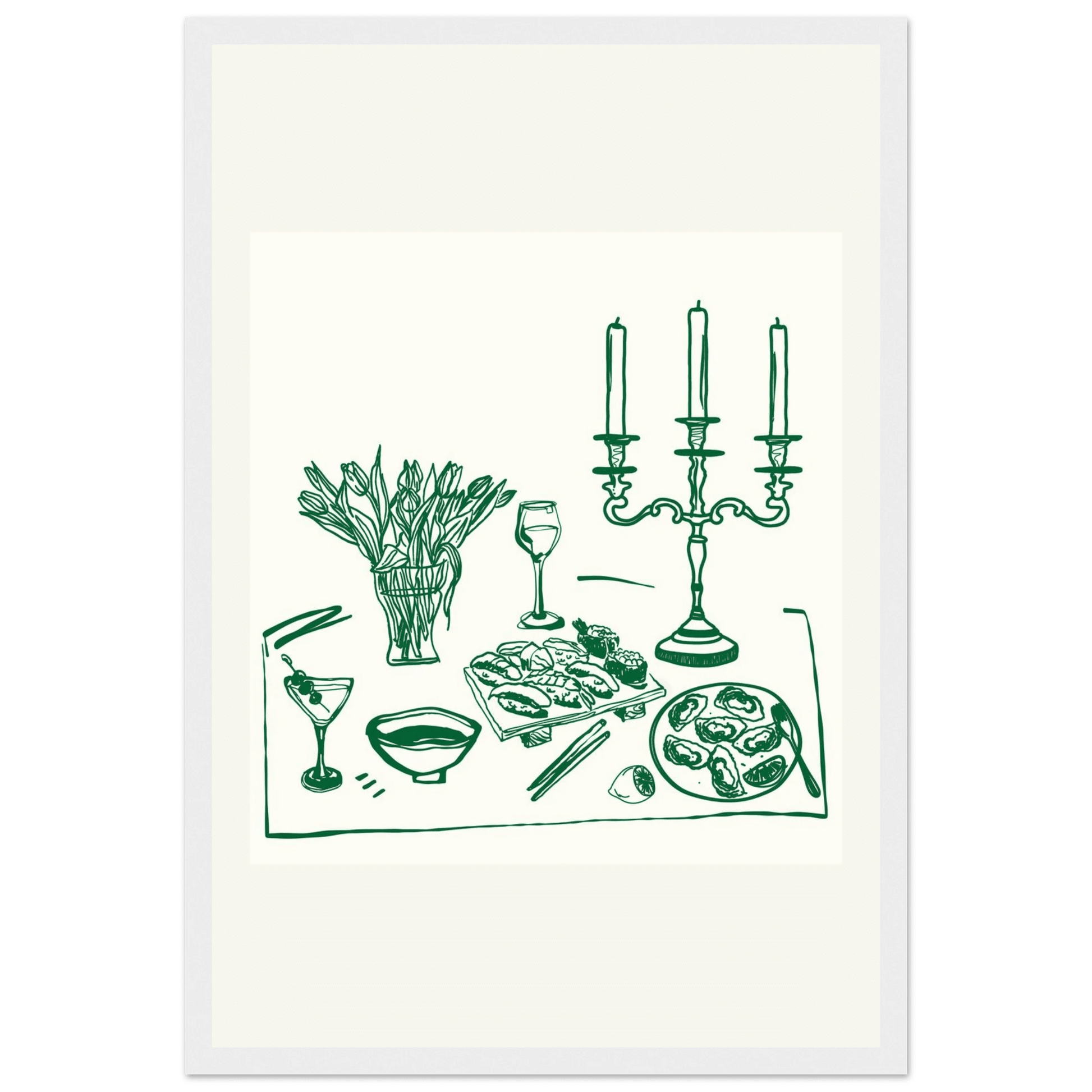 Fine Dining Table Print | Green Line Art Kitchen Wall Art | Elegant Dining Room Poster - Evergreen Posters