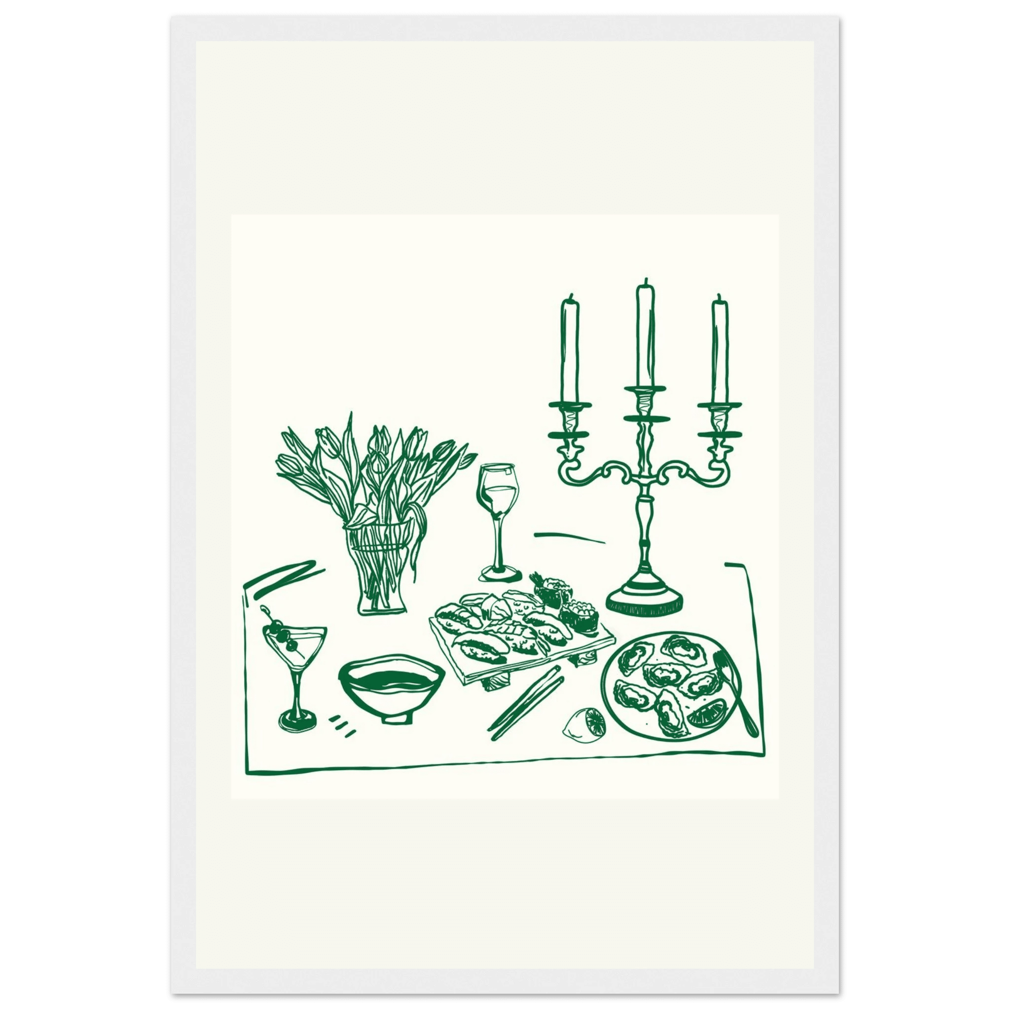 Fine Dining Table Print | Green Line Art Kitchen Wall Art | Elegant Dining Room Poster - Evergreen Posters