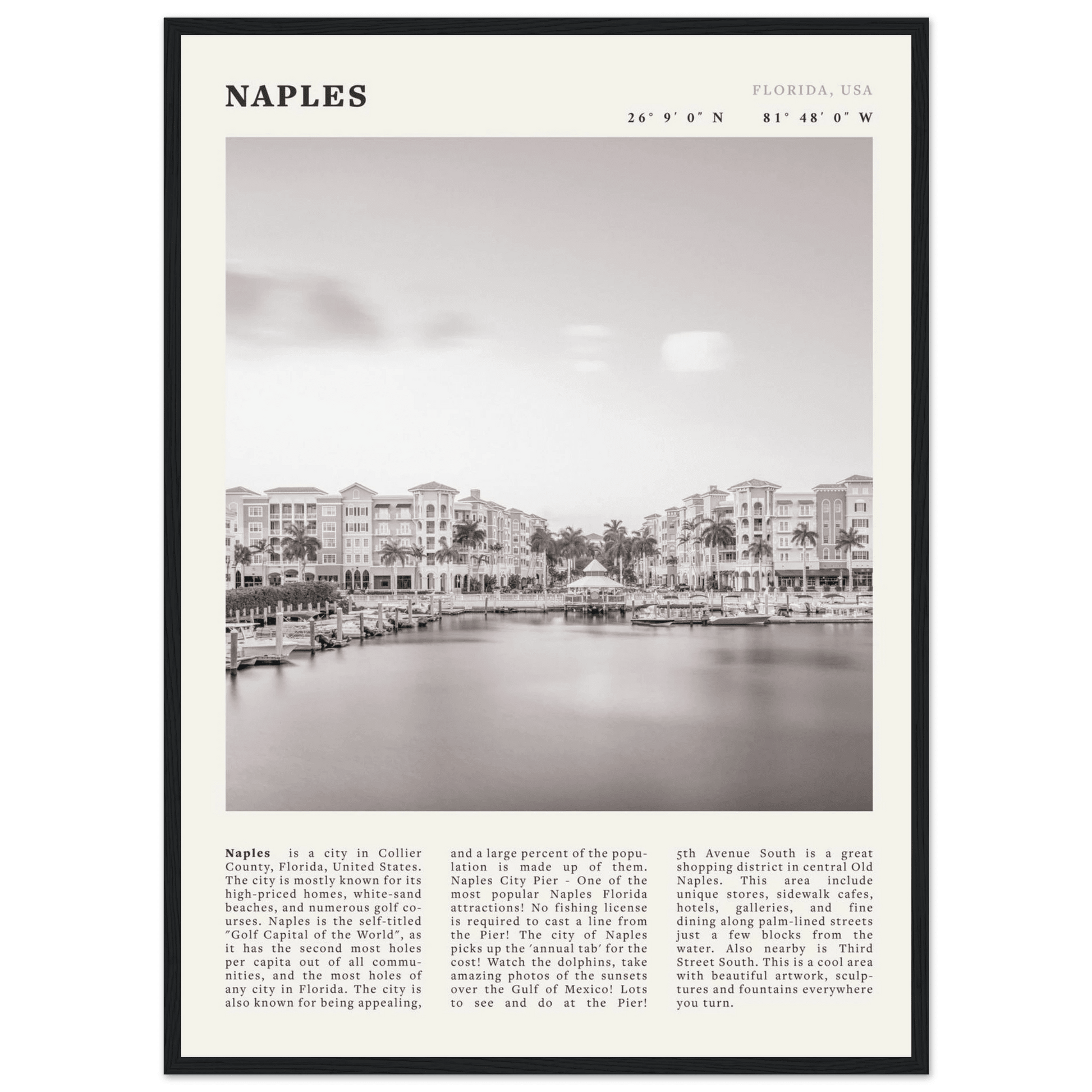Naples Florida Poster | Black & White Gulf Coast Wall Art | FL Travel Print - Evergreen Posters