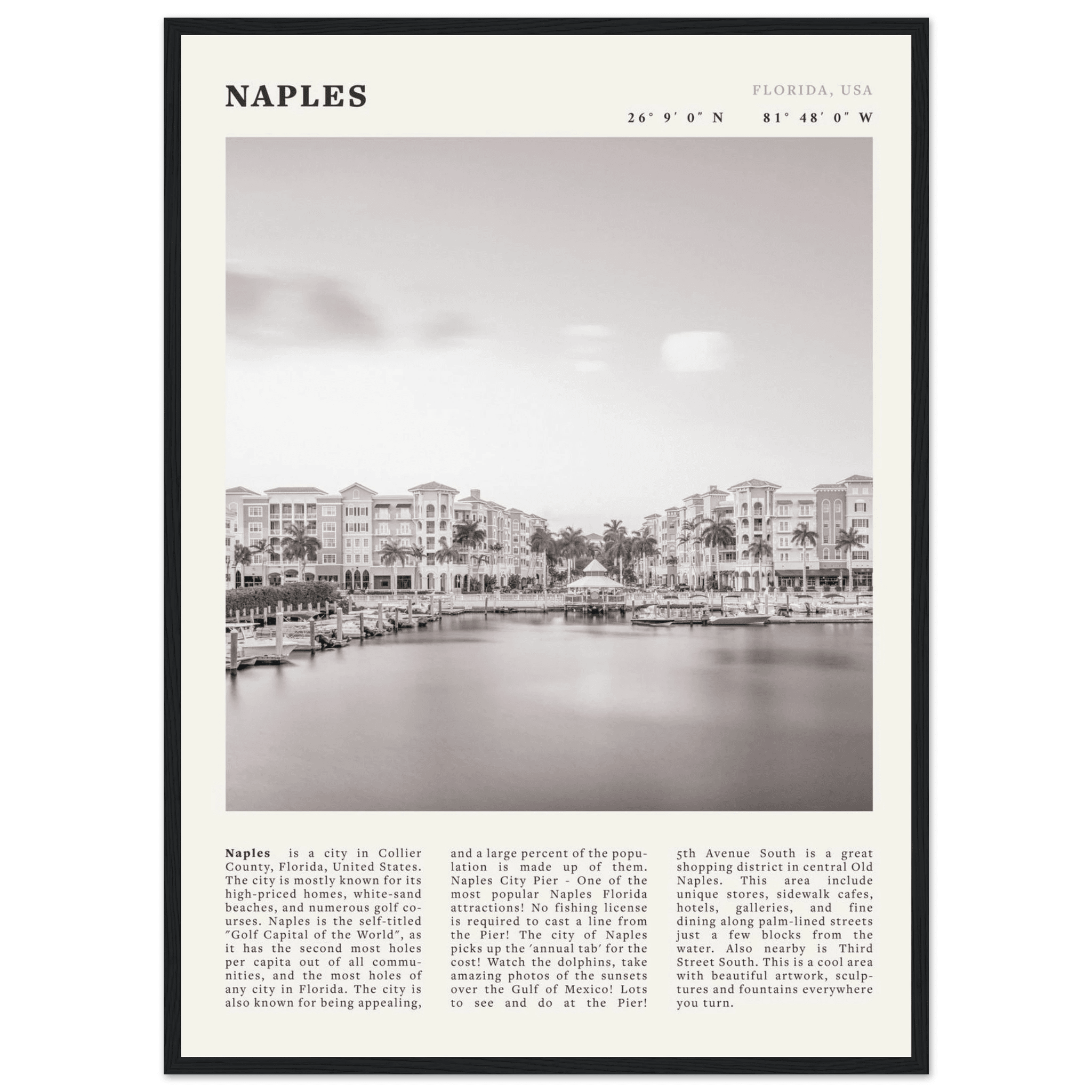 Naples Florida Poster | Black & White Gulf Coast Wall Art | FL Travel Print - Evergreen Posters