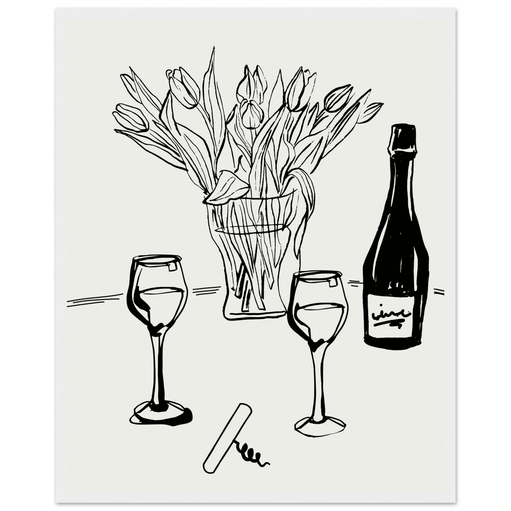 Wine & Tulips Print | Black Line Art Wine Bottle Wall Art | Minimalist Kitchen Poster - Evergreen Posters