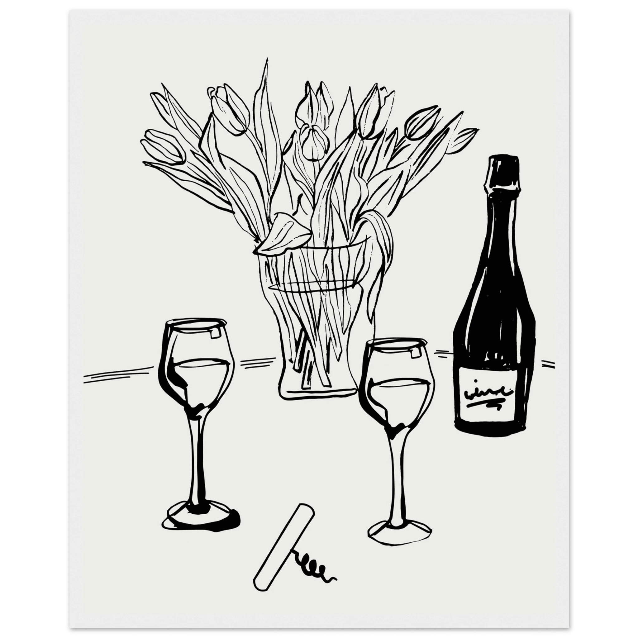 Wine & Tulips Print | Black Line Art Wine Bottle Wall Art | Minimalist Kitchen Poster - Evergreen Posters