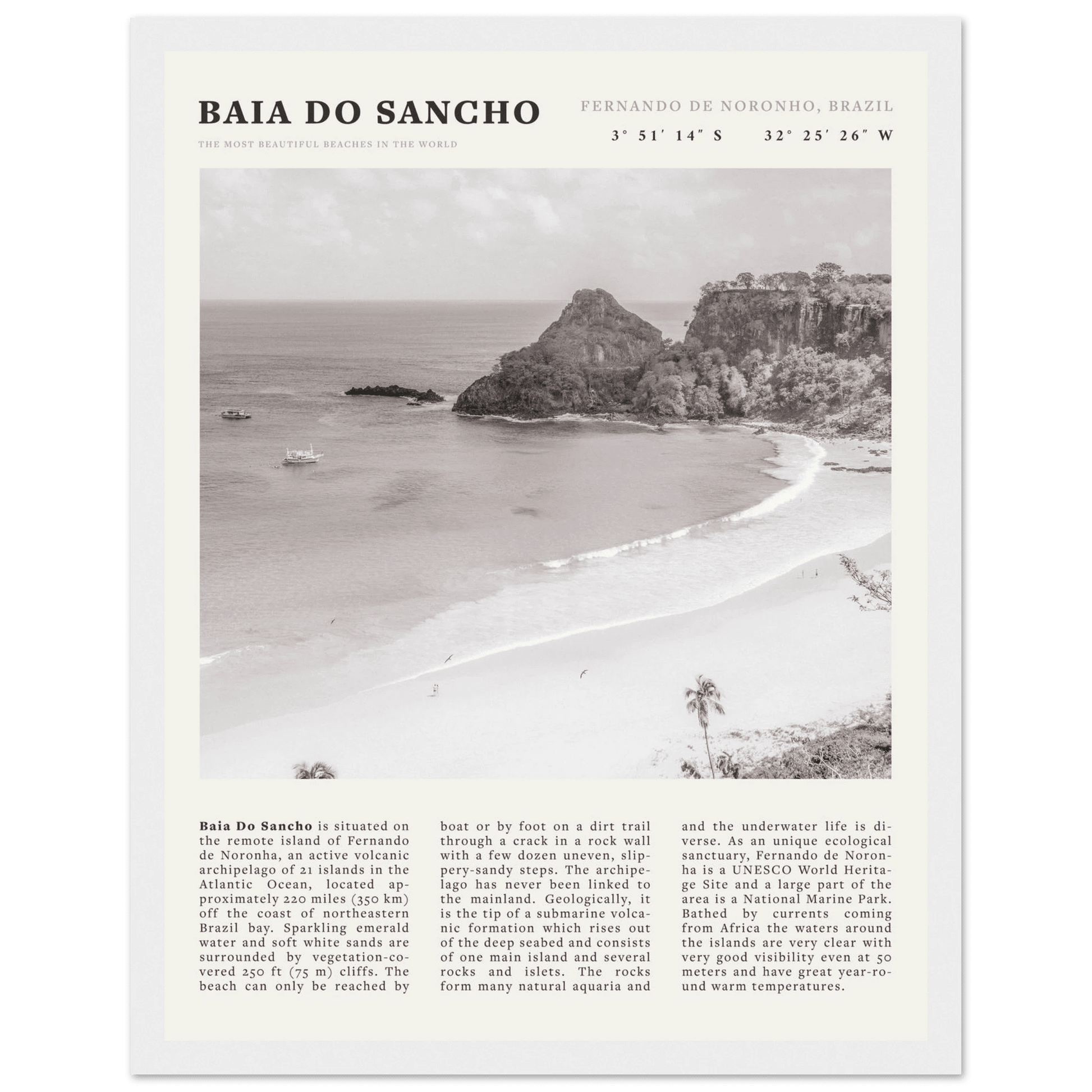 Baia Do Sancho Poster | Black & White Brazil Beach Wall Art | Fernando de Noronha - Evergreen Posters