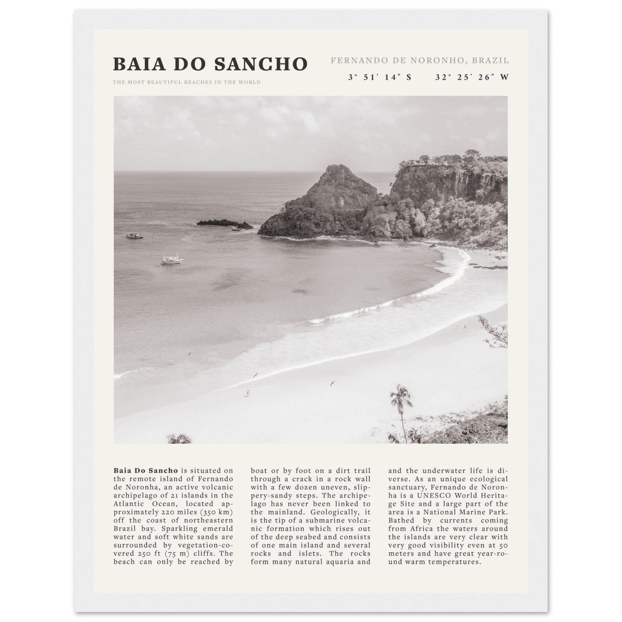 Baia Do Sancho Poster | Black & White Brazil Beach Wall Art | Fernando de Noronha - Evergreen Posters