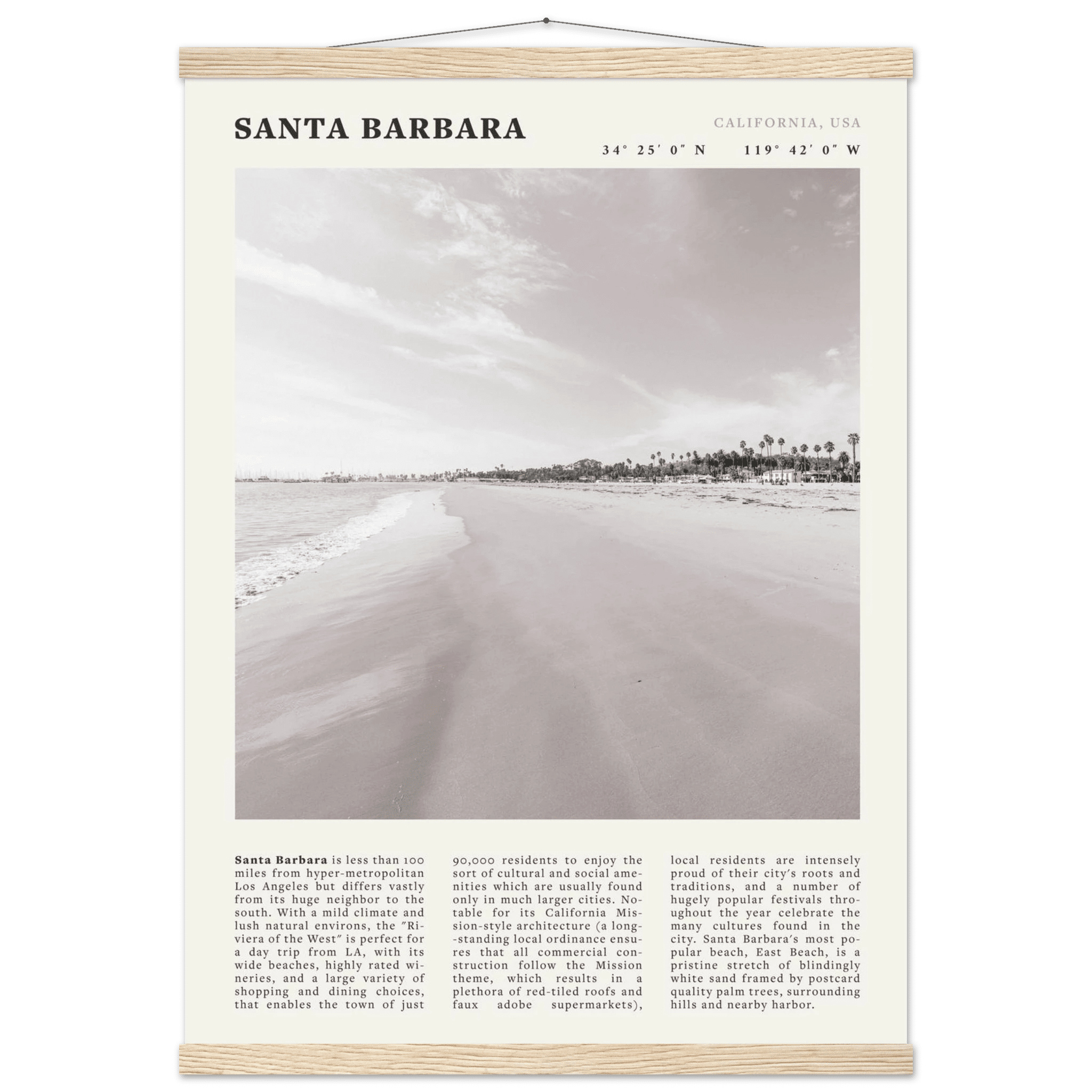 Santa Barbara Poster | Black & White California Beach Wall Art | CA Travel Print - Evergreen Posters