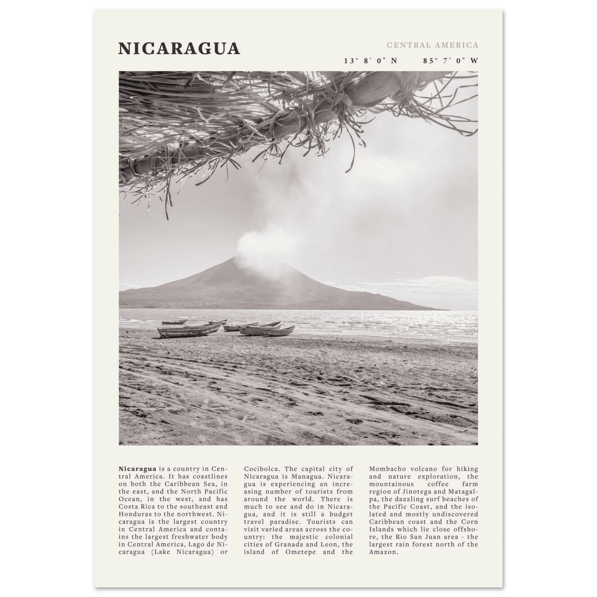 Nicaragua Poster | Black & White Volcano Wall Art | Central America Travel Print - Evergreen Posters