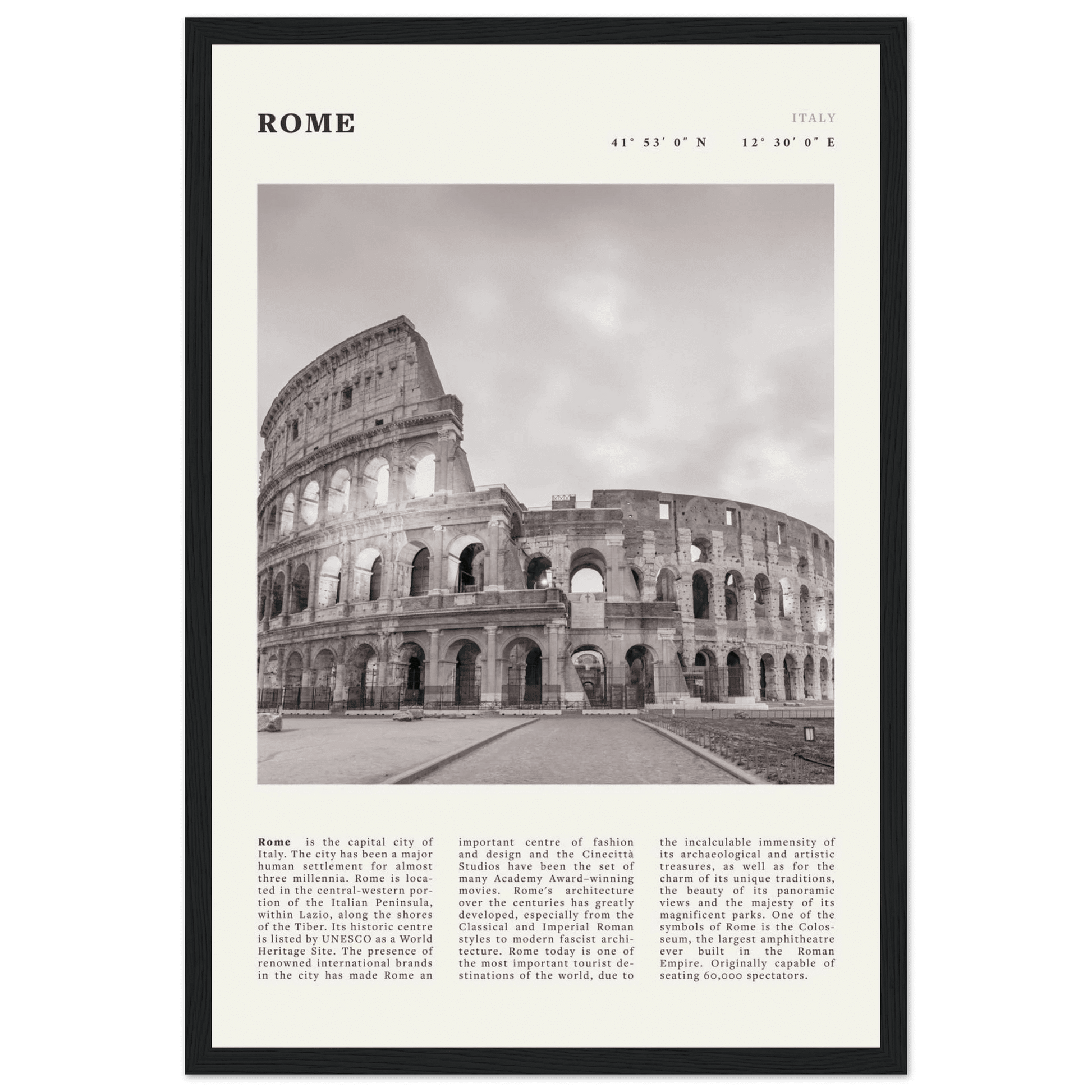 Rome Poster | Black & White Colosseum Wall Art | Italy Travel Print | Roman Decor - Evergreen Posters