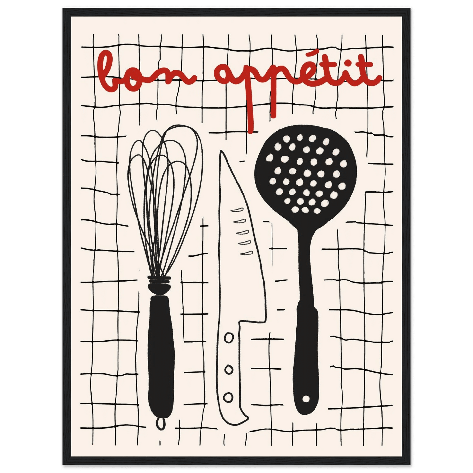 Bon Appétit French Kitchen Print | Bold Black Red Wall Art Poster - Evergreen Posters