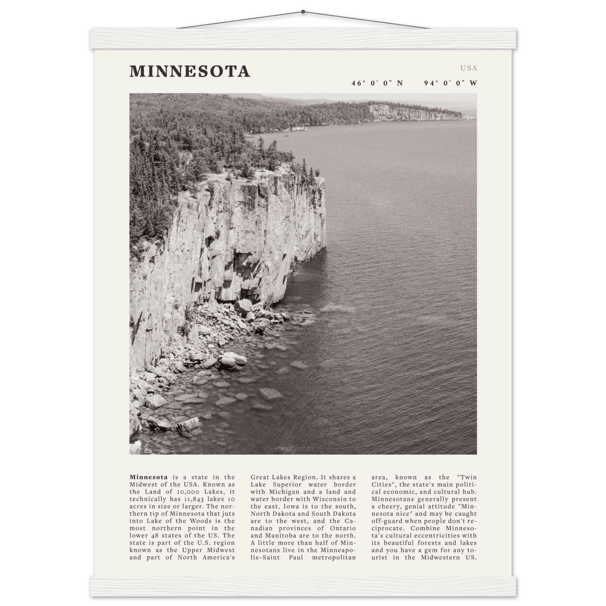 Minnesota Poster | Black & White Lake Superior Wall Art | USA Nature Travel Print - Evergreen Posters