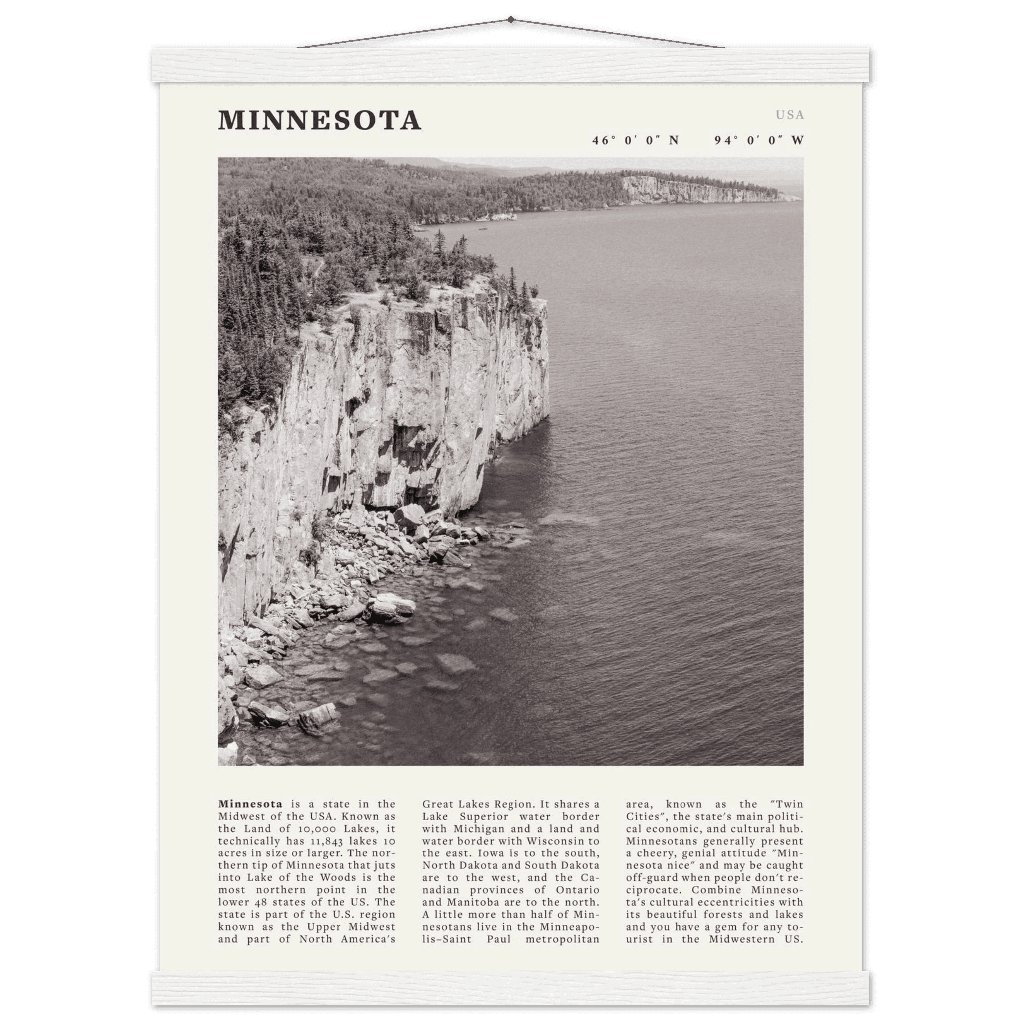 Minnesota Poster | Black & White Lake Superior Wall Art | USA Nature Travel Print - Evergreen Posters