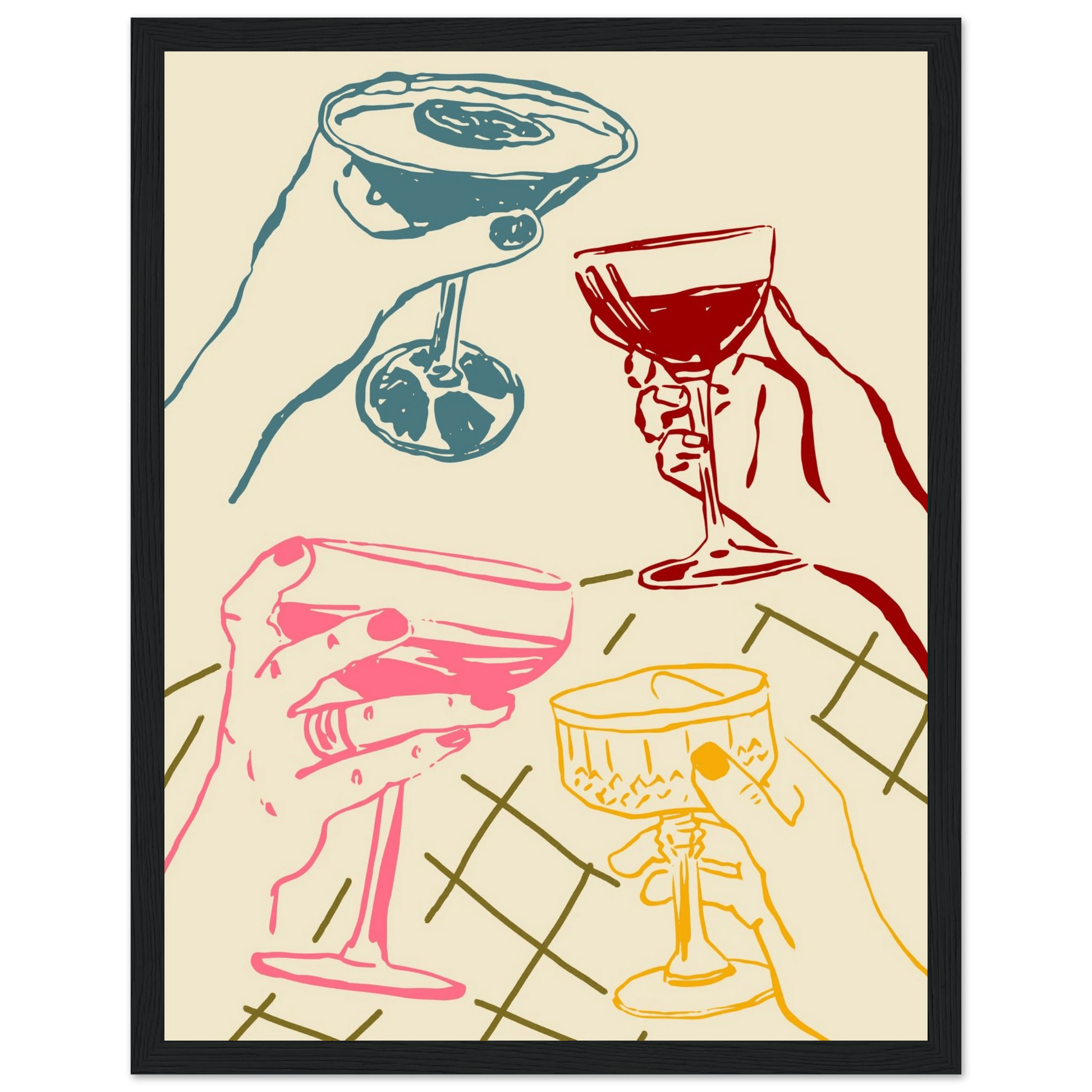 Cheers Print | Colourful Cocktail Glasses Wall Art | Kitchen Bar Poster - Evergreen Posters