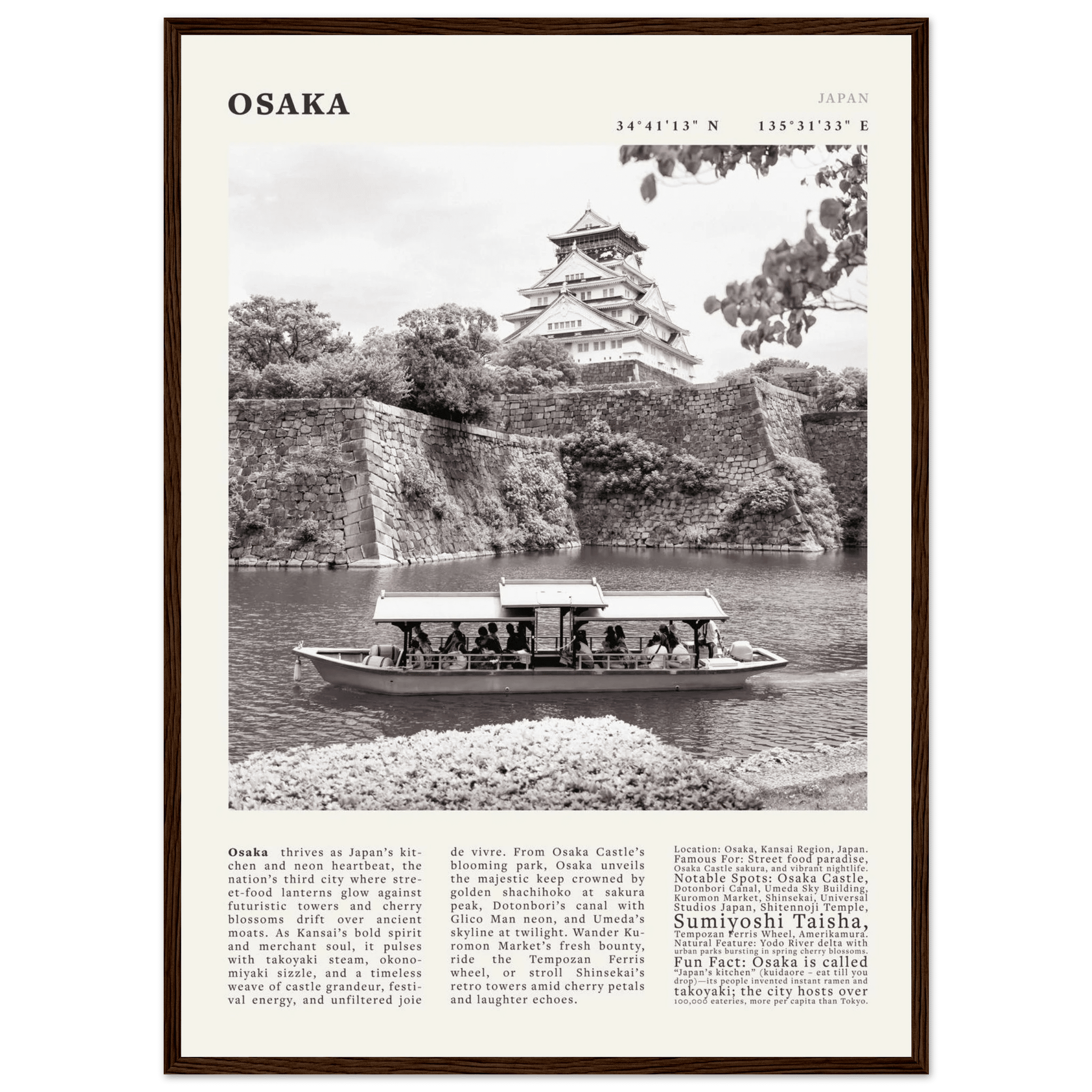 Osaka Poster Black and White – Vintage Osaka Castle Cherry Blossom Print (Digital & Printed Options) - Evergreen Posters