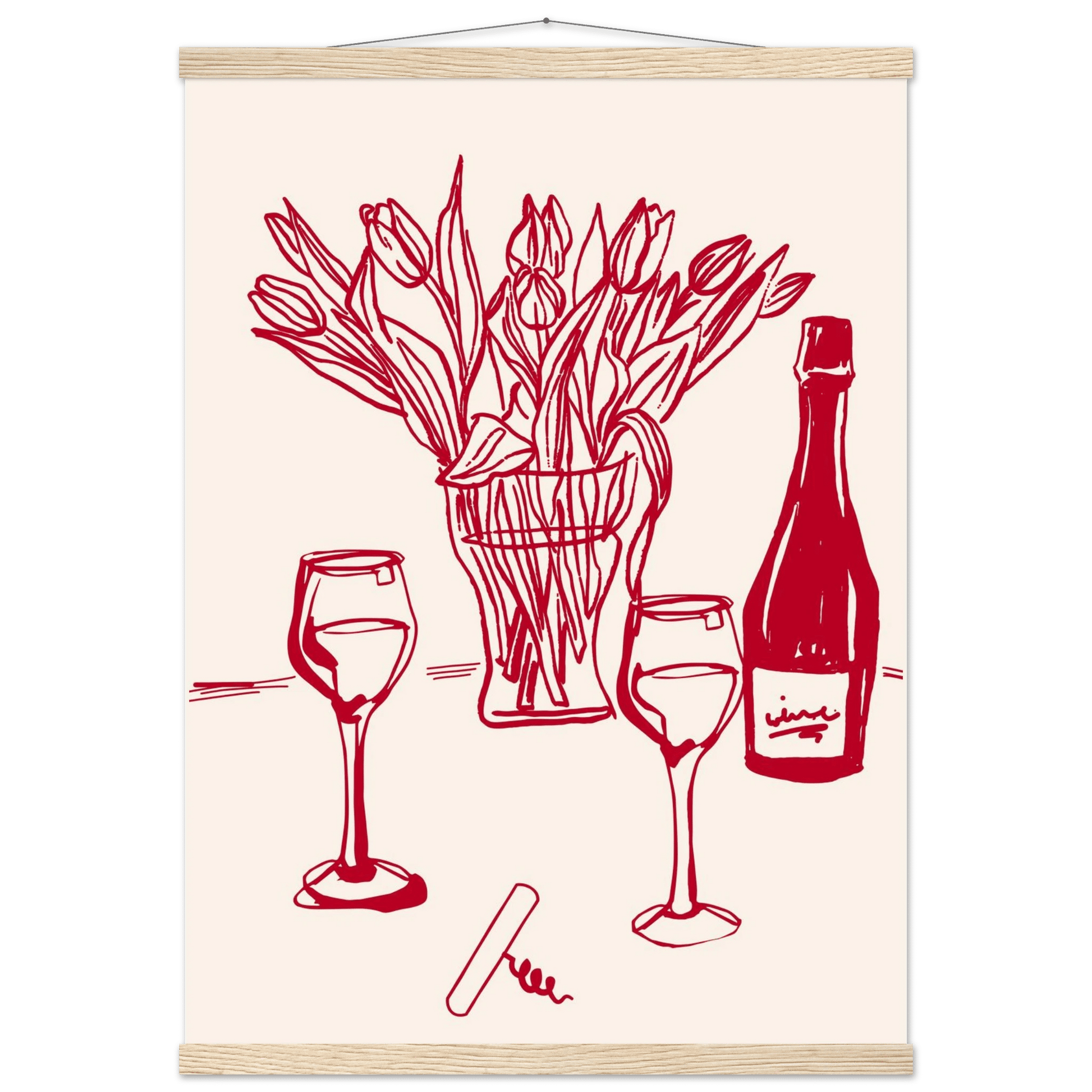 Red Wine & Tulips Print | Line Art Wine Bottle Wall Art | Kitchen Poster - Evergreen Posters