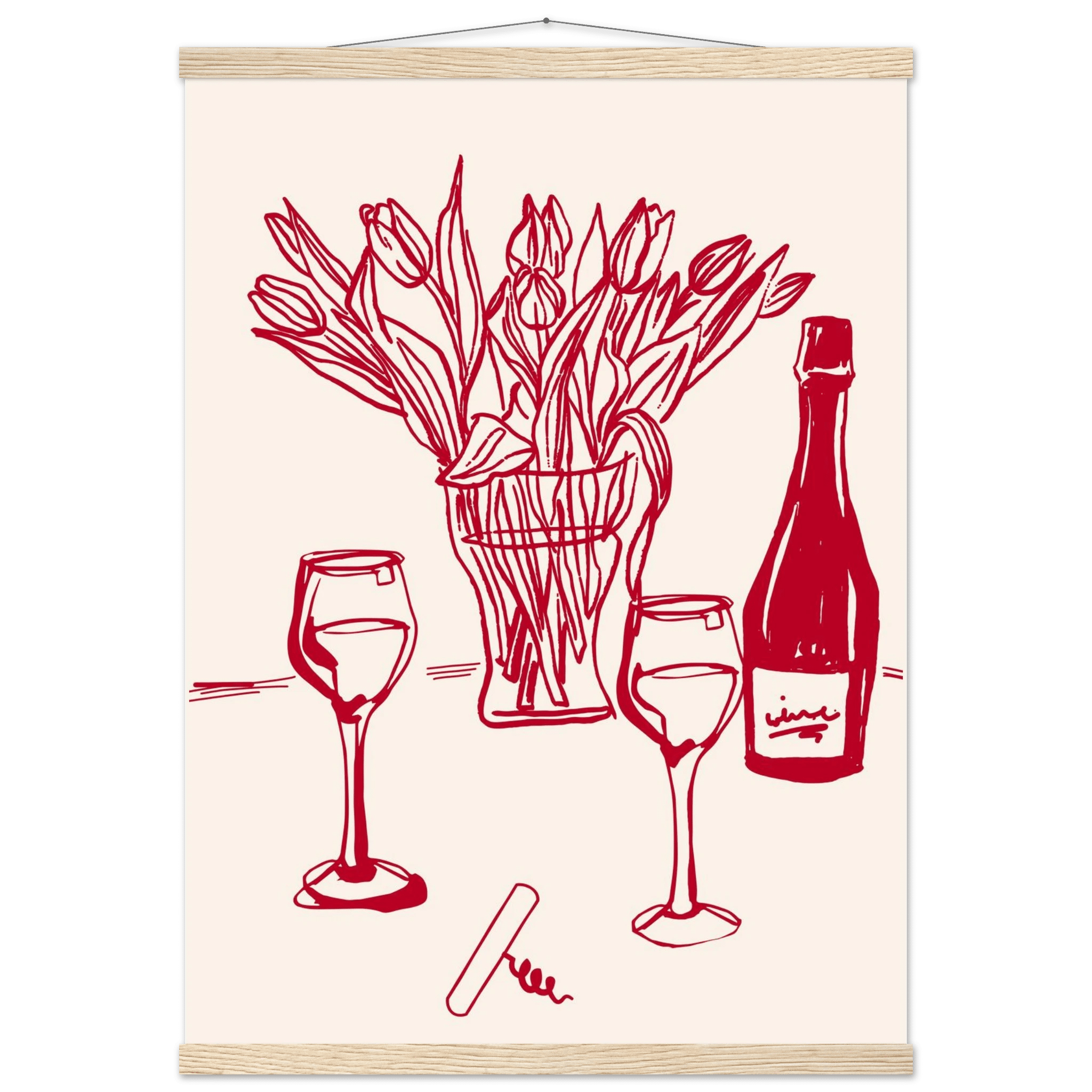 Red Wine & Tulips Print | Line Art Wine Bottle Wall Art | Kitchen Poster - Evergreen Posters