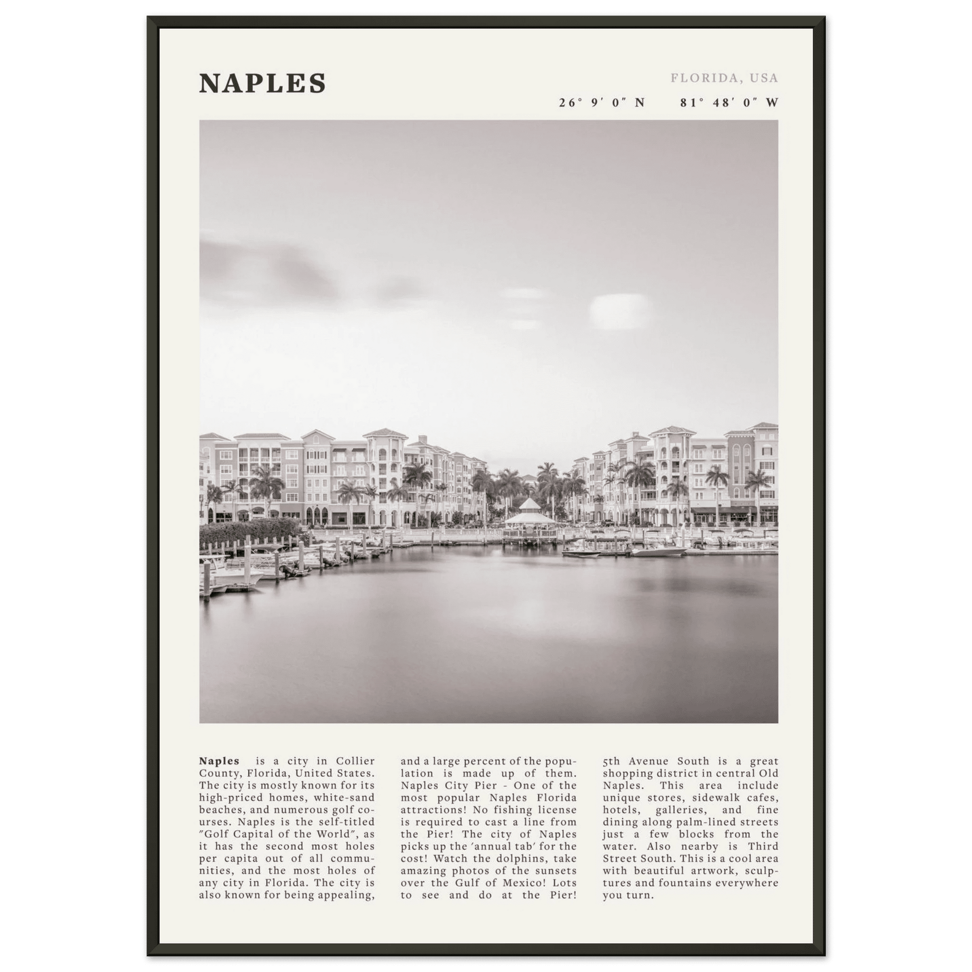Naples Florida Poster | Black & White Gulf Coast Wall Art | FL Travel Print - Evergreen Posters