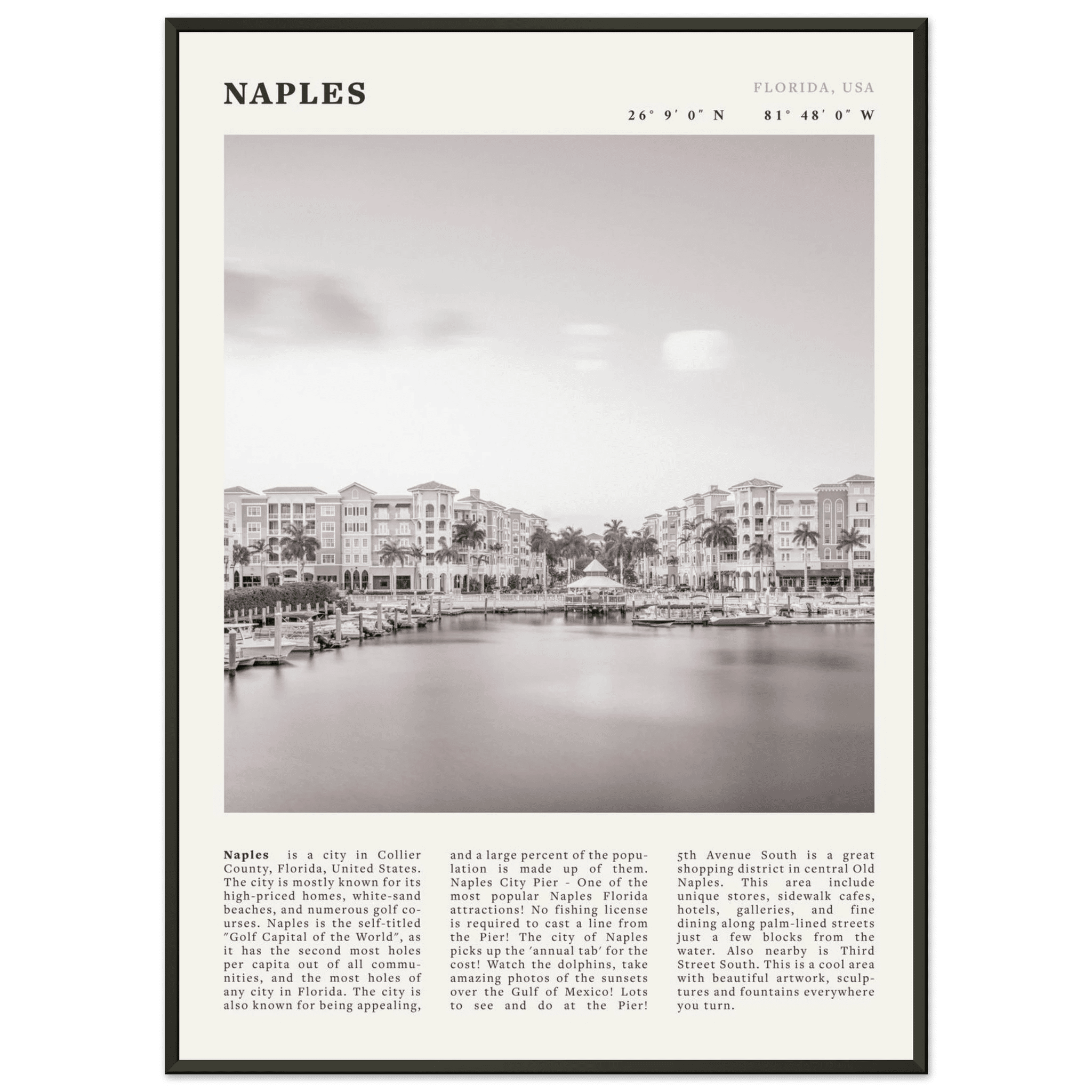 Naples Florida Poster | Black & White Gulf Coast Wall Art | FL Travel Print - Evergreen Posters