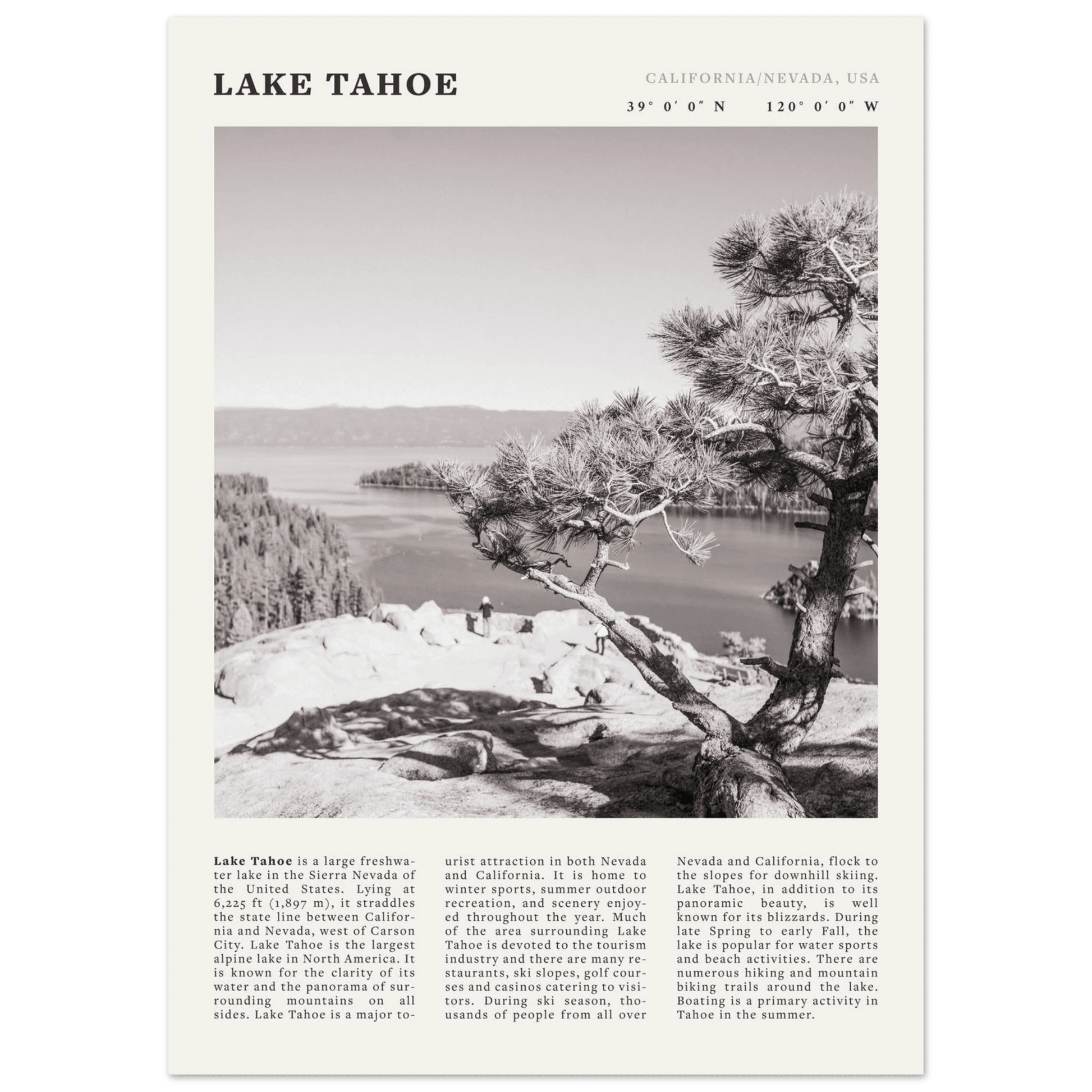 Lake Tahoe Poster | Black & White California Nevada Wall Art | Nature Travel Print Decor - Evergreen Posters
