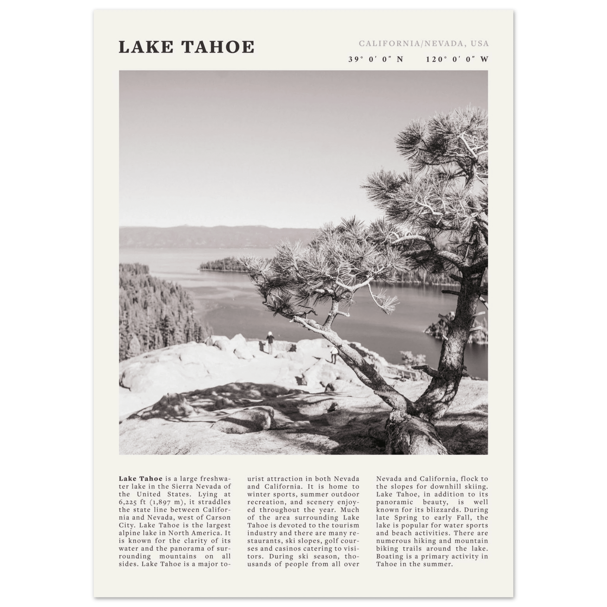 Lake Tahoe Poster | Black & White California Nevada Wall Art | Nature Travel Print Decor - Evergreen Posters