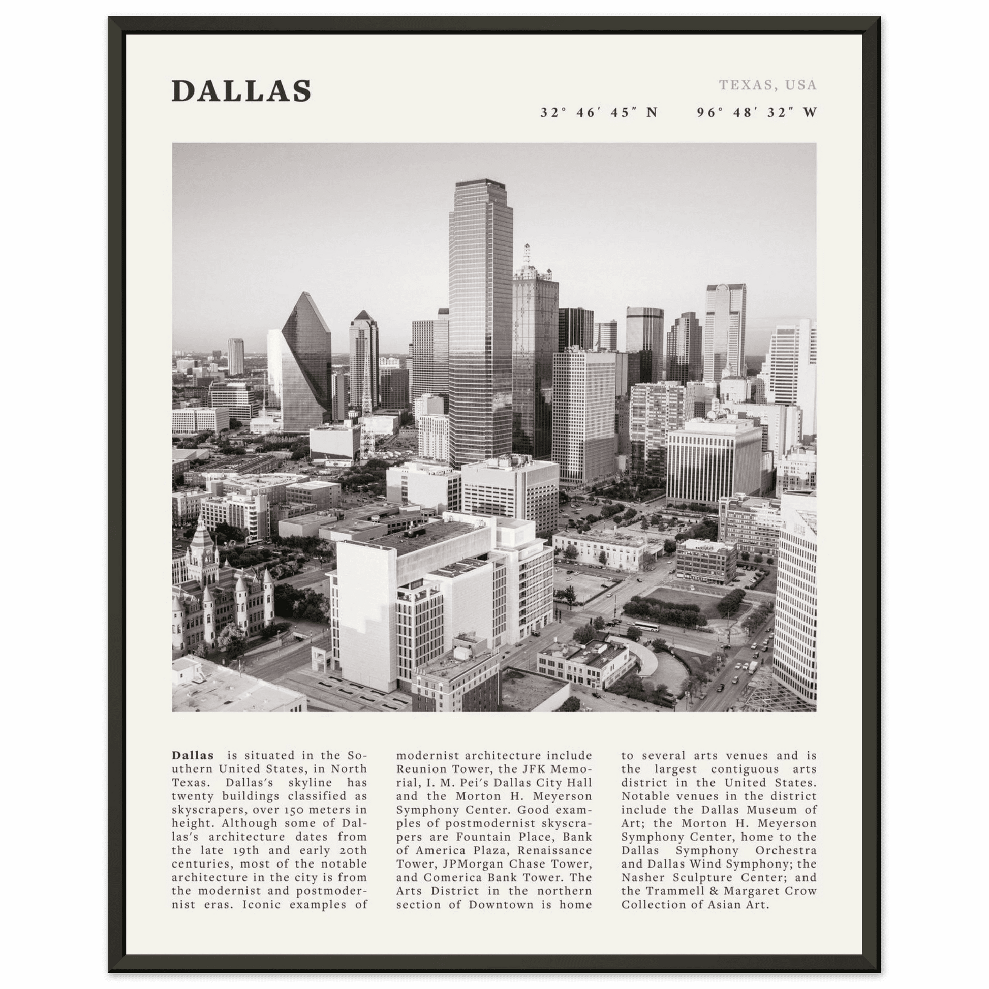 Dallas Poster | Black & White Texas Skyline Wall Art | City Travel Print Decor - Evergreen Posters