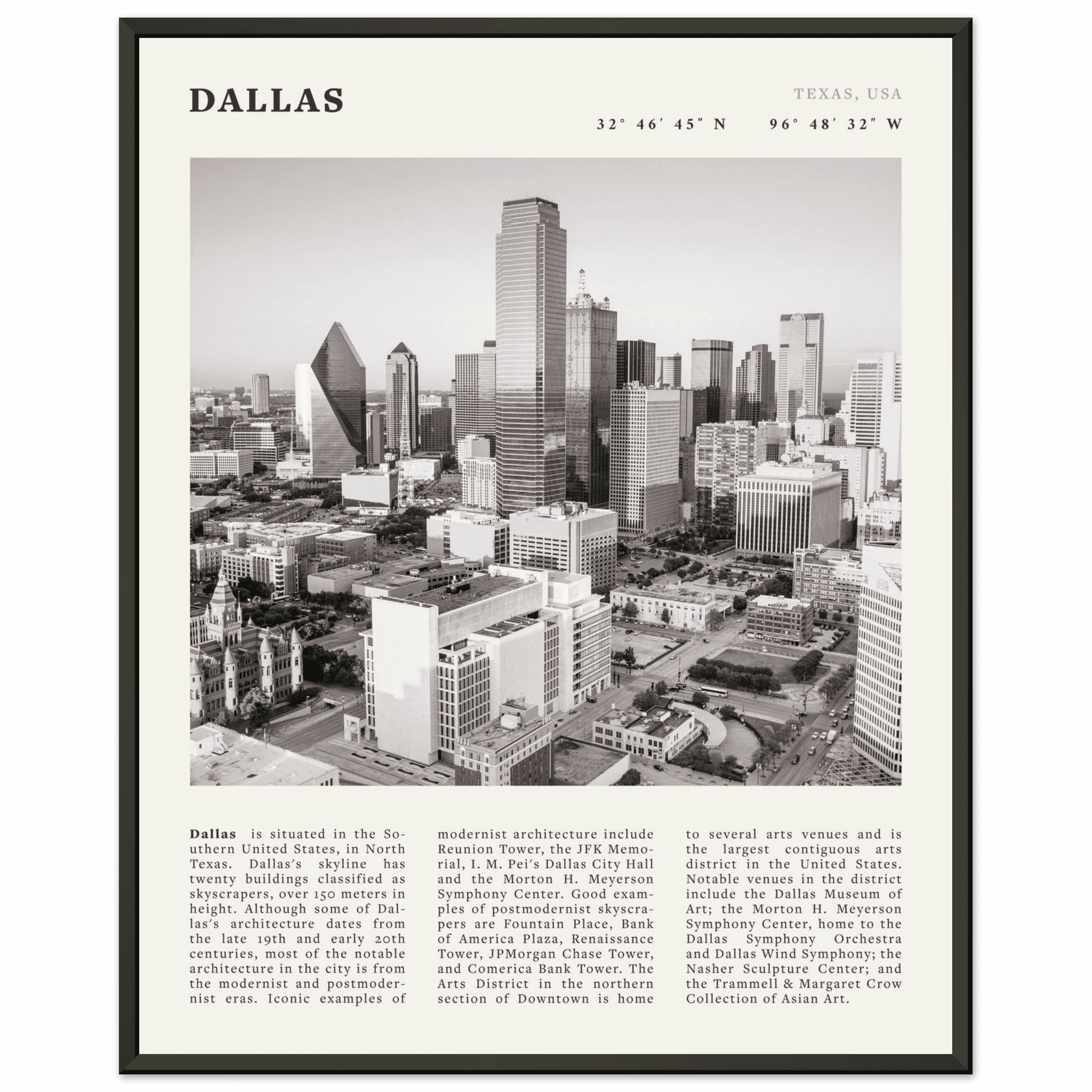 Dallas Poster | Black & White Texas Skyline Wall Art | City Travel Print Decor - Evergreen Posters