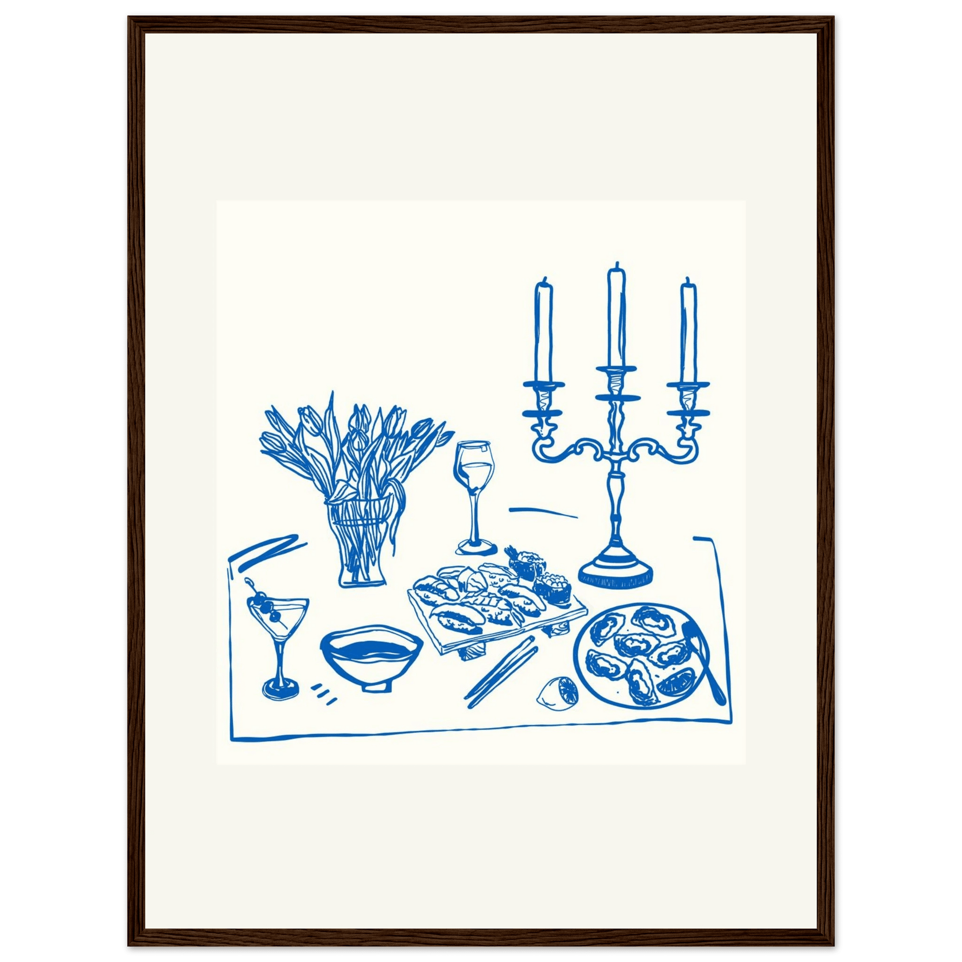 Fine Dining Table Print | Blue Line Art Kitchen Wall Art | Elegant Dining Room Poster - Evergreen Posters