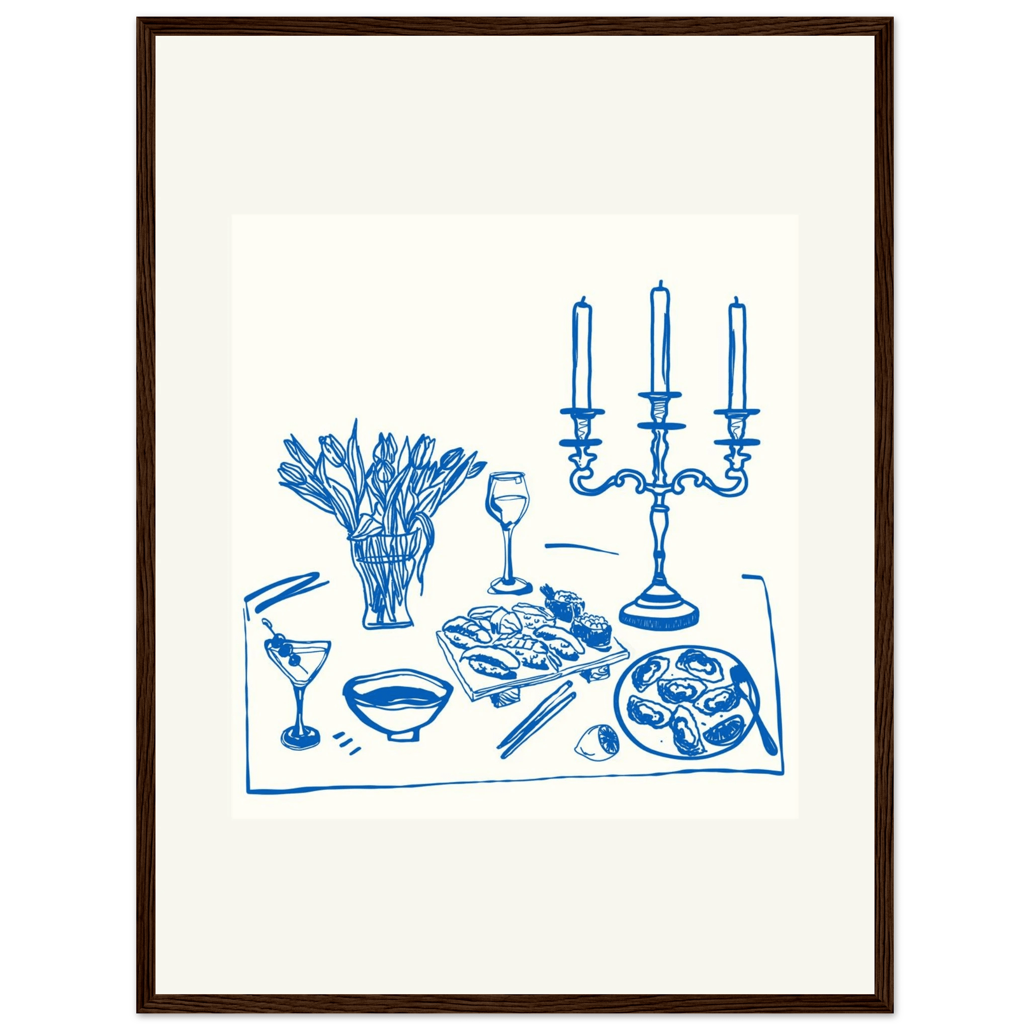 Fine Dining Table Print | Blue Line Art Kitchen Wall Art | Elegant Dining Room Poster - Evergreen Posters