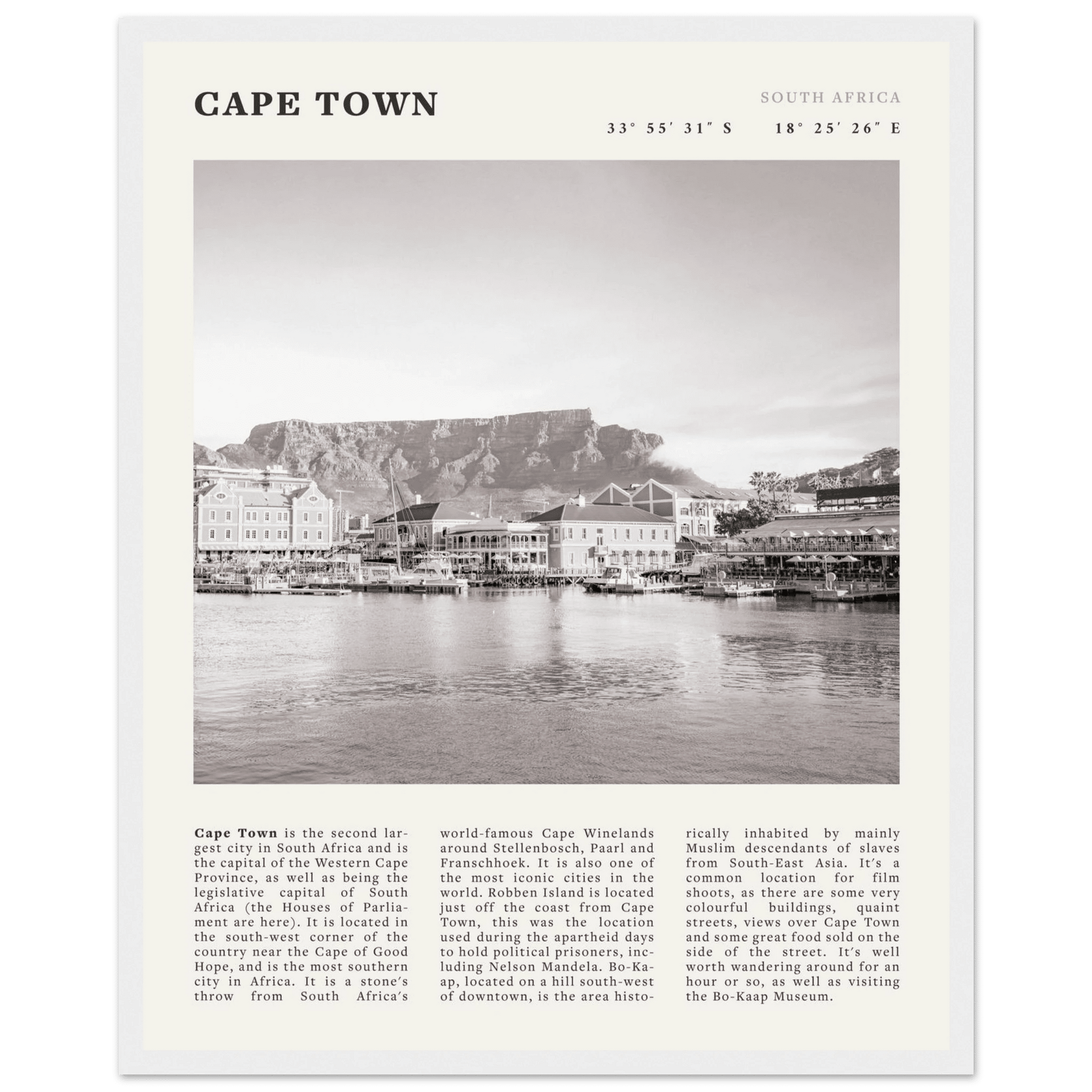 Cape Town Poster | Black & White Table Mountain Wall Art | South Africa Travel Print - Evergreen Posters