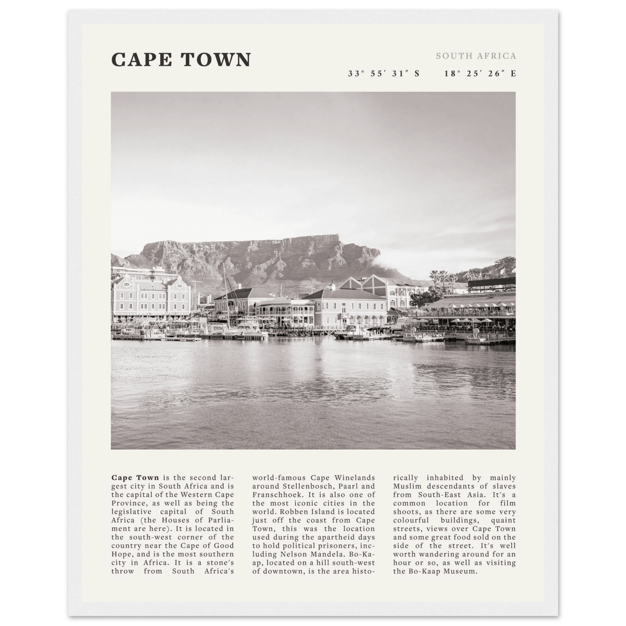 Cape Town Poster | Black & White Table Mountain Wall Art | South Africa Travel Print - Evergreen Posters