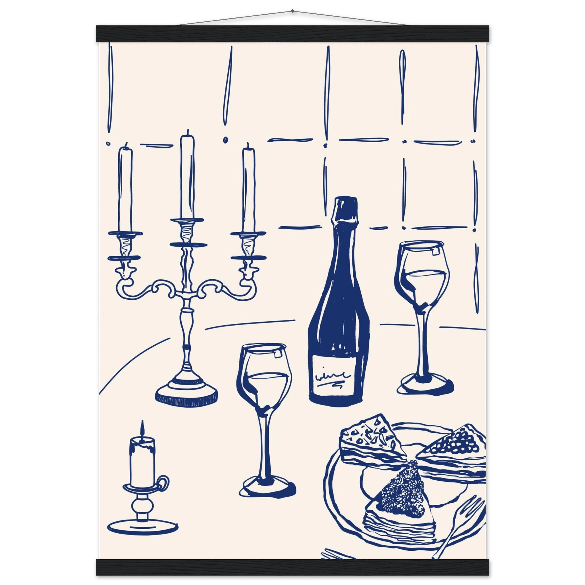 Candlelight Dinner Print | Navy Blue Wine & Candelabra Line Art | Kitchen Poster - Evergreen Posters