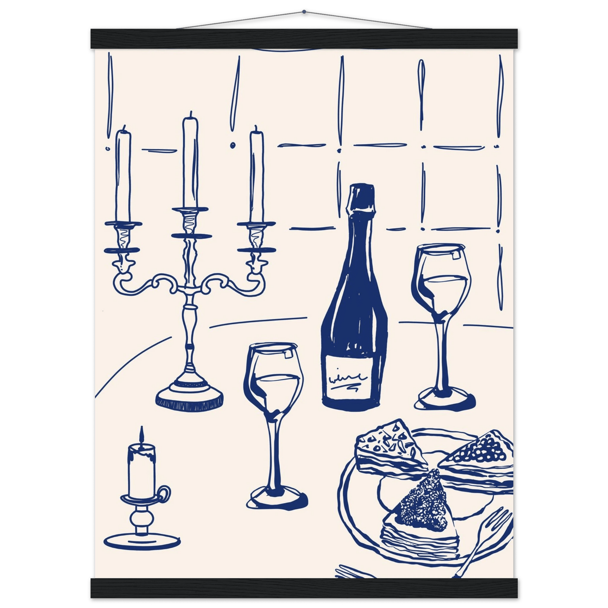 Candlelight Dinner Print | Navy Blue Wine & Candelabra Line Art | Kitchen Poster - Evergreen Posters