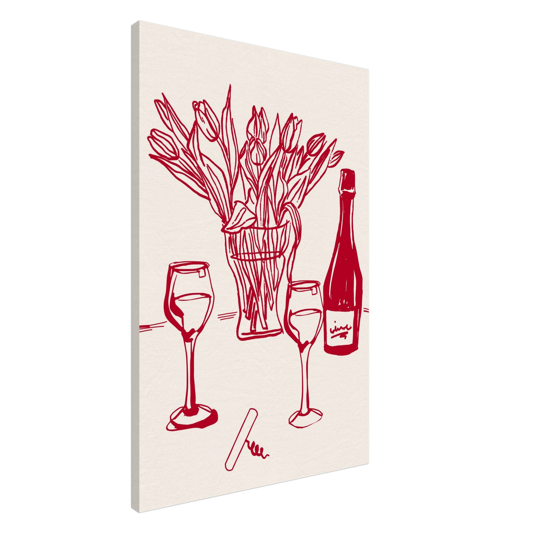 Red Wine & Tulips Print | Line Art Wine Bottle Wall Art | Kitchen Poster - Evergreen Posters