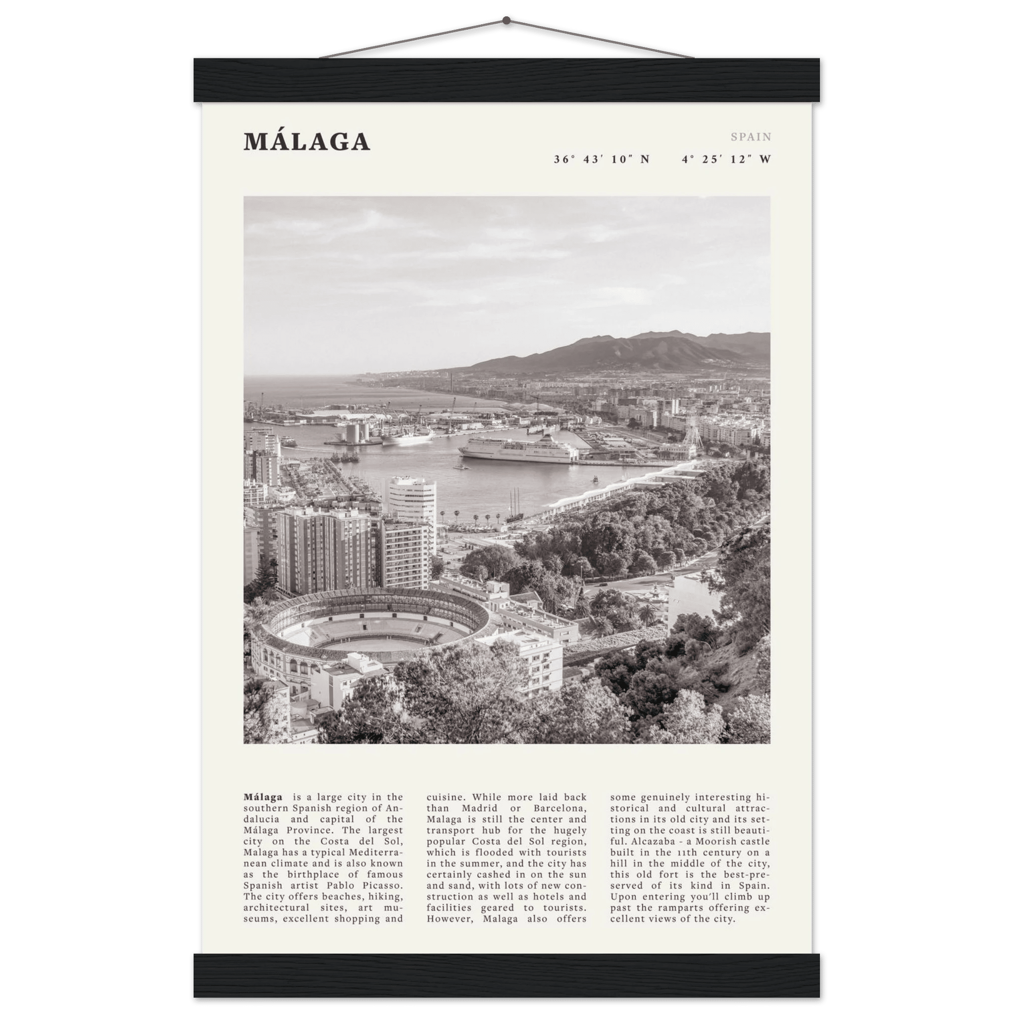 Málaga Poster | Black & White Costa del Sol Wall Art | Spain Travel Print - Evergreen Posters