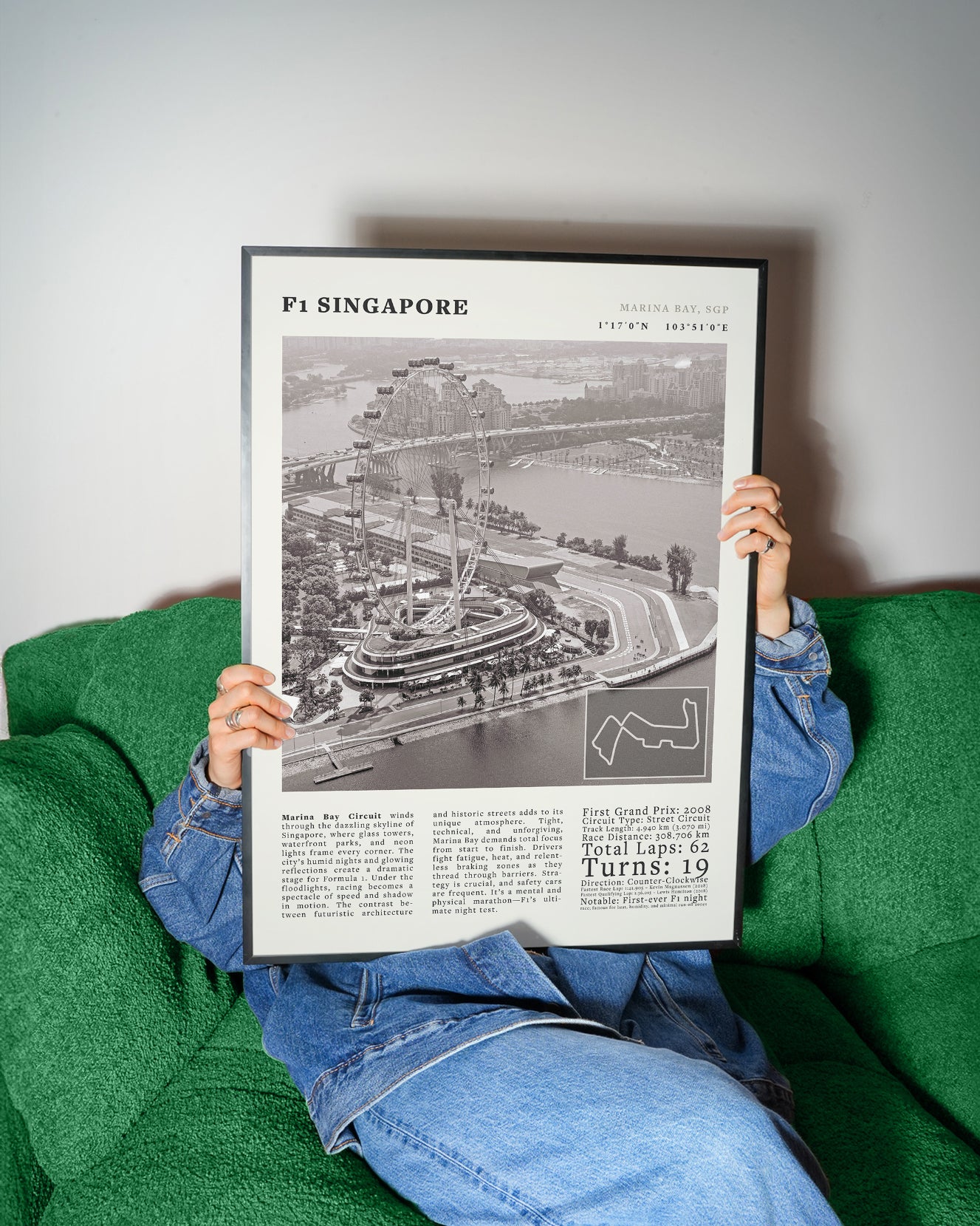 F1 Singapore Poster Black and White – Vintage Marina Bay Night Race Print (Digital & Printed Options) - Evergreen Posters