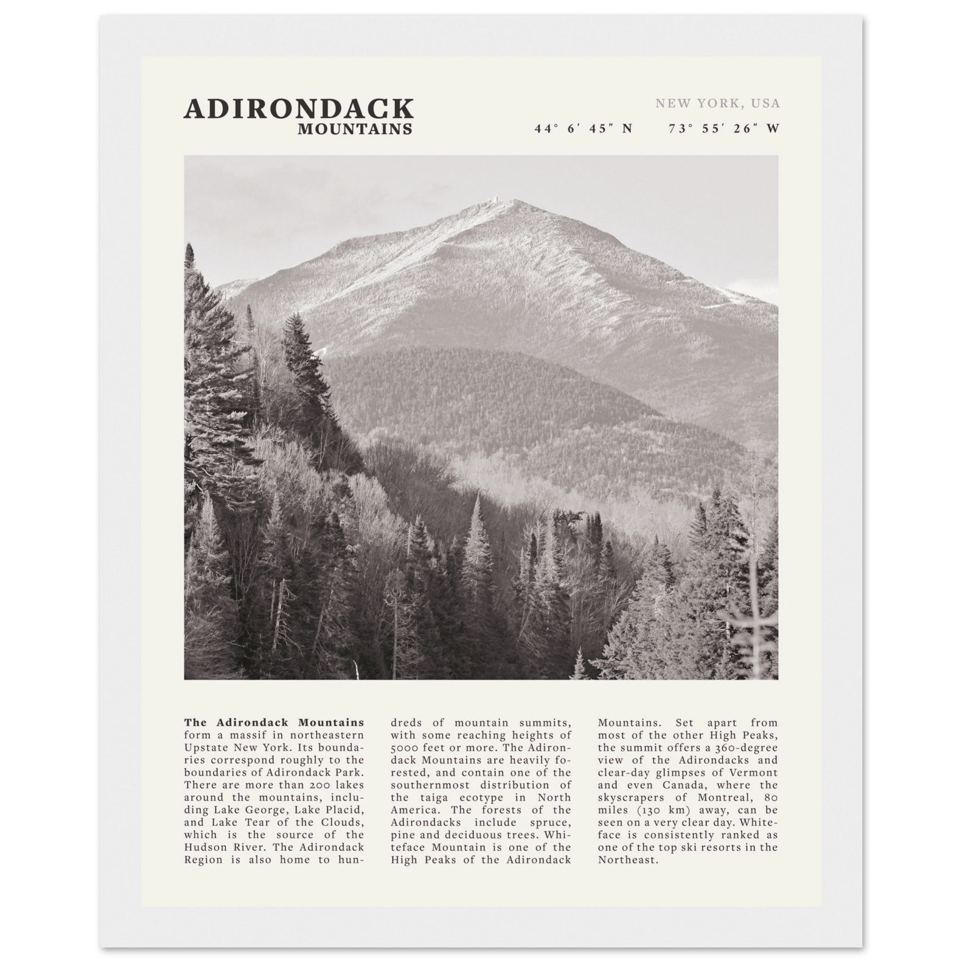 Adirondack Mountains Poster | Black & White New York Nature Wall Art | Hiking Print - Evergreen Posters