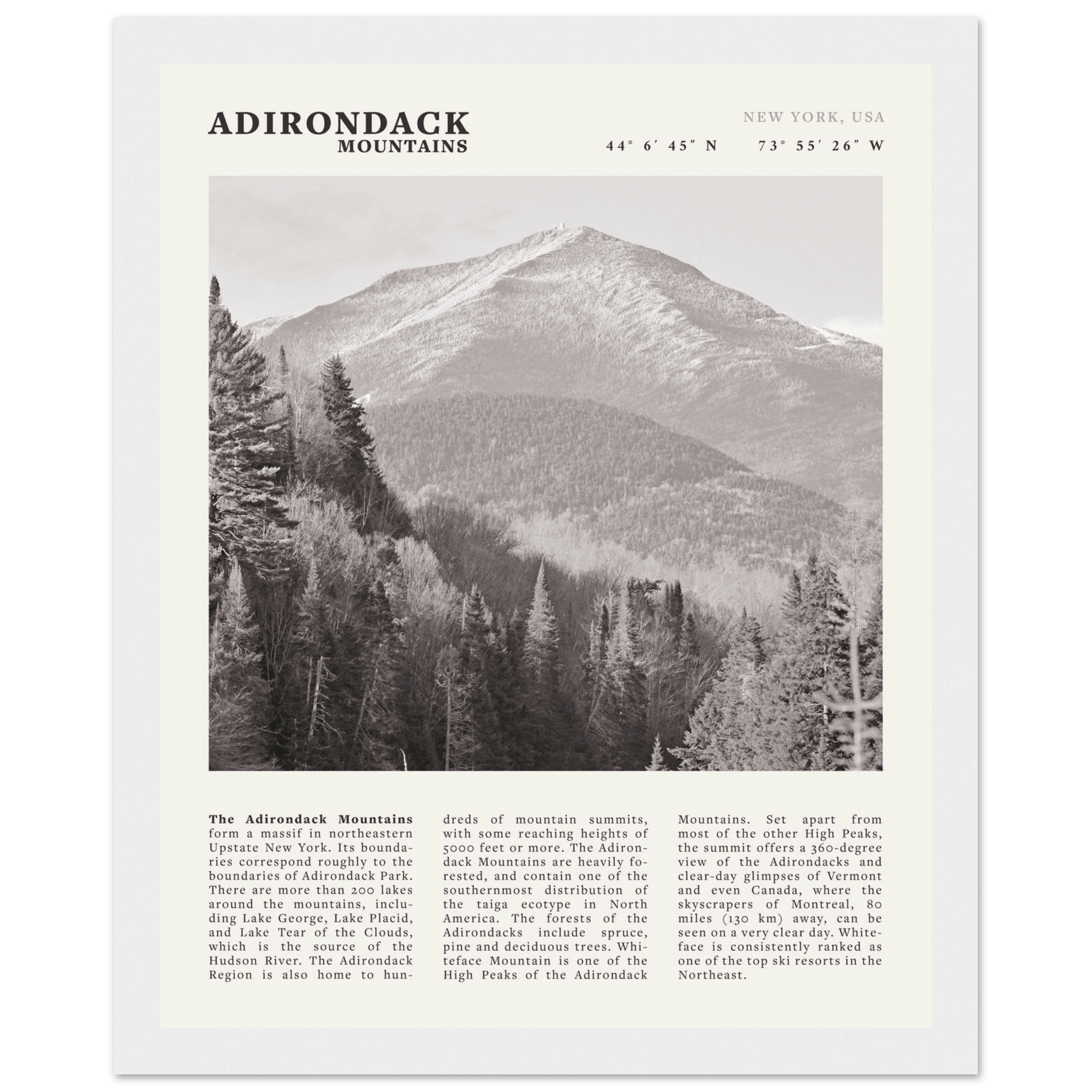 Adirondack Mountains Poster | Black & White New York Nature Wall Art | Hiking Print - Evergreen Posters