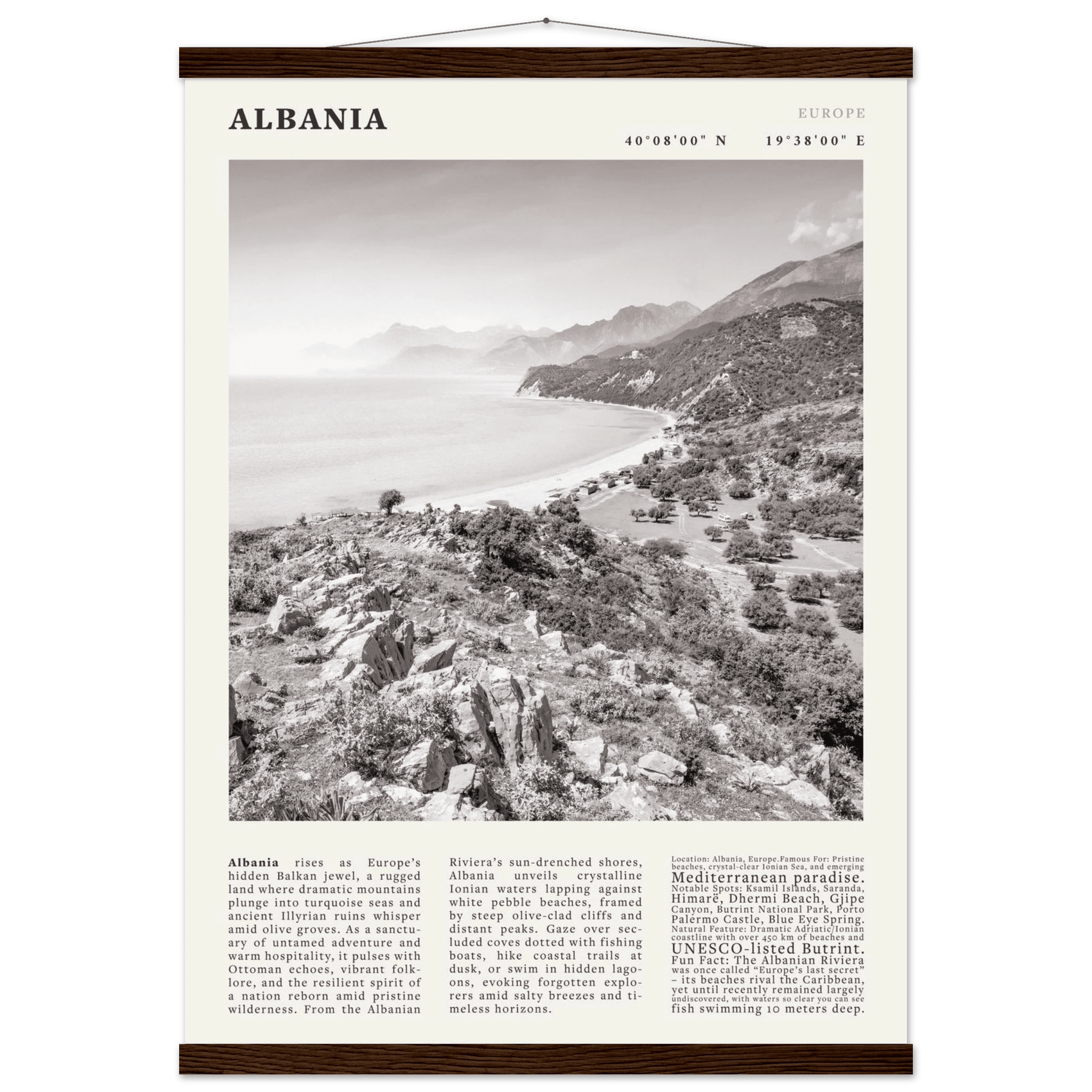 Albania Poster Black and White – Vintage Albanian Riviera Travel Print (Digital & Printed Options) - Evergreen Posters