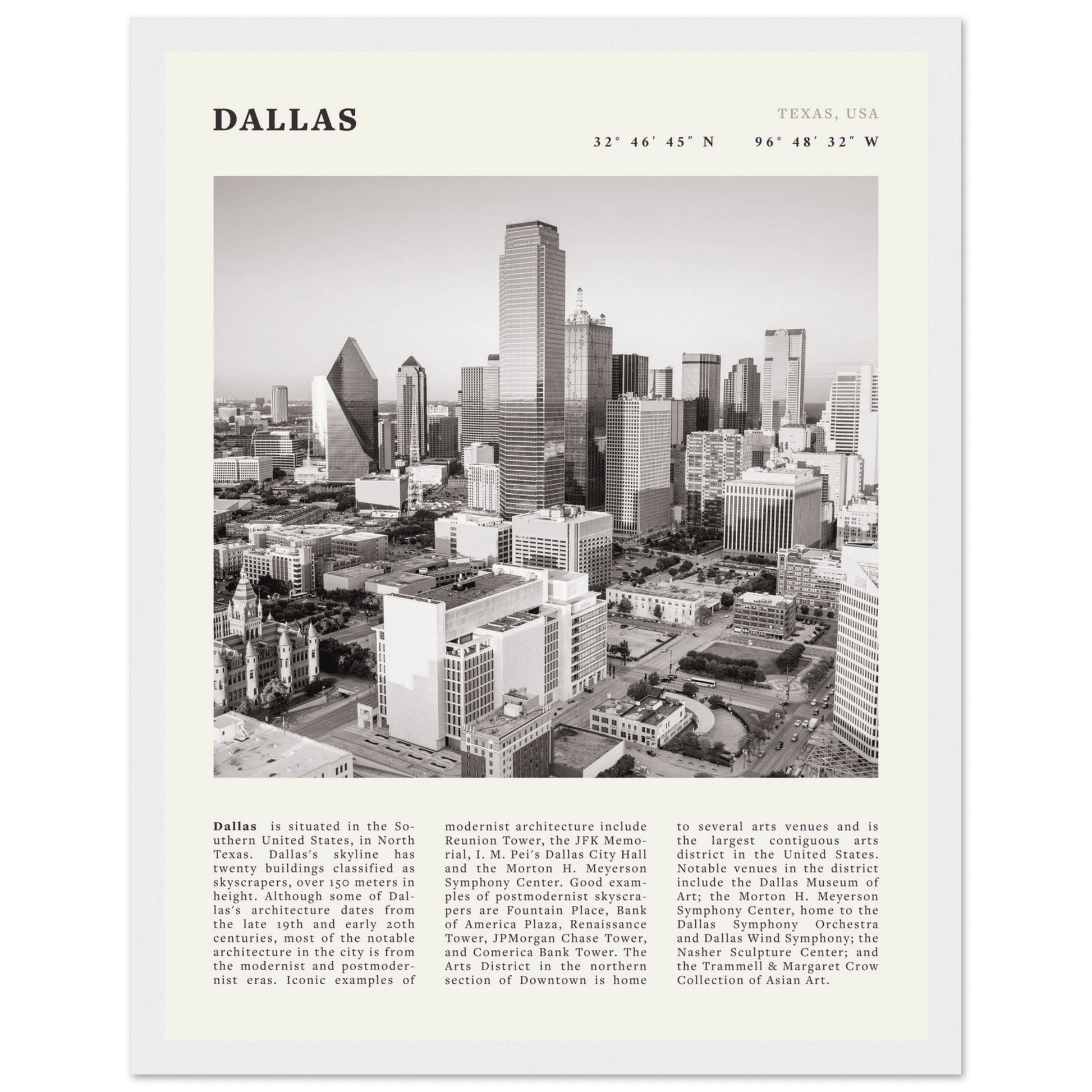 Dallas Poster | Black & White Texas Skyline Wall Art | City Travel Print Decor - Evergreen Posters