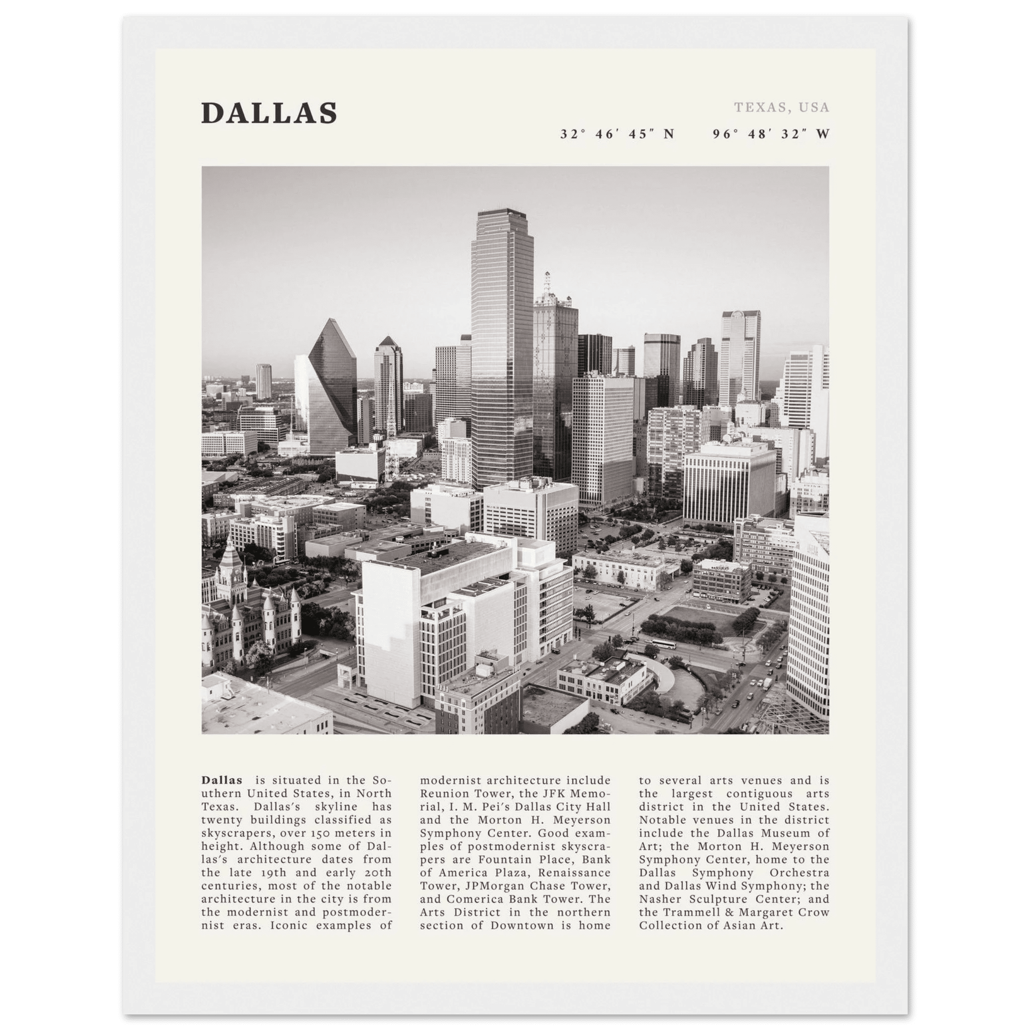 Dallas Poster | Black & White Texas Skyline Wall Art | City Travel Print Decor - Evergreen Posters