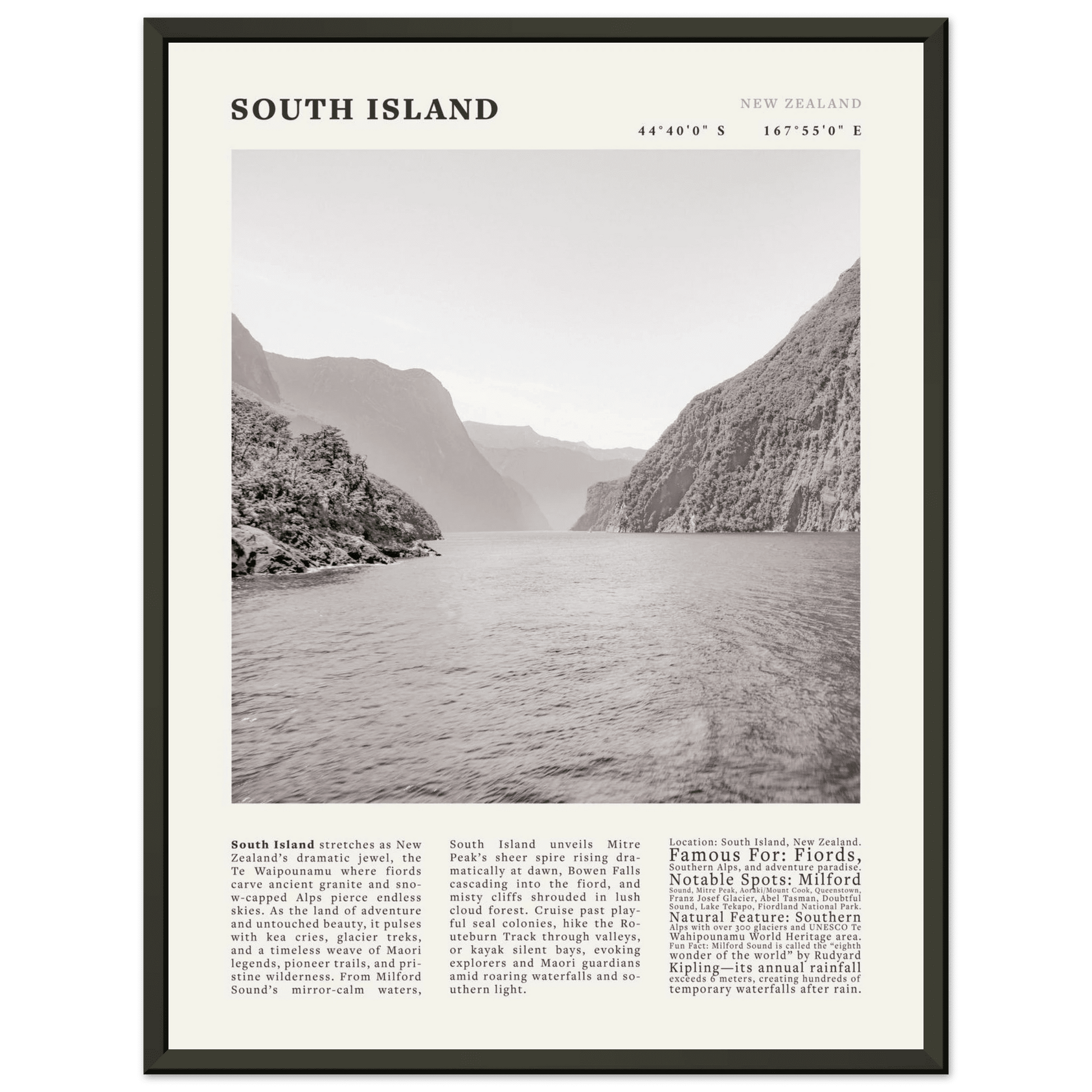 South Island New Zealand Poster Black and White – Vintage Milford Sound Fjord Print - Evergreen Posters