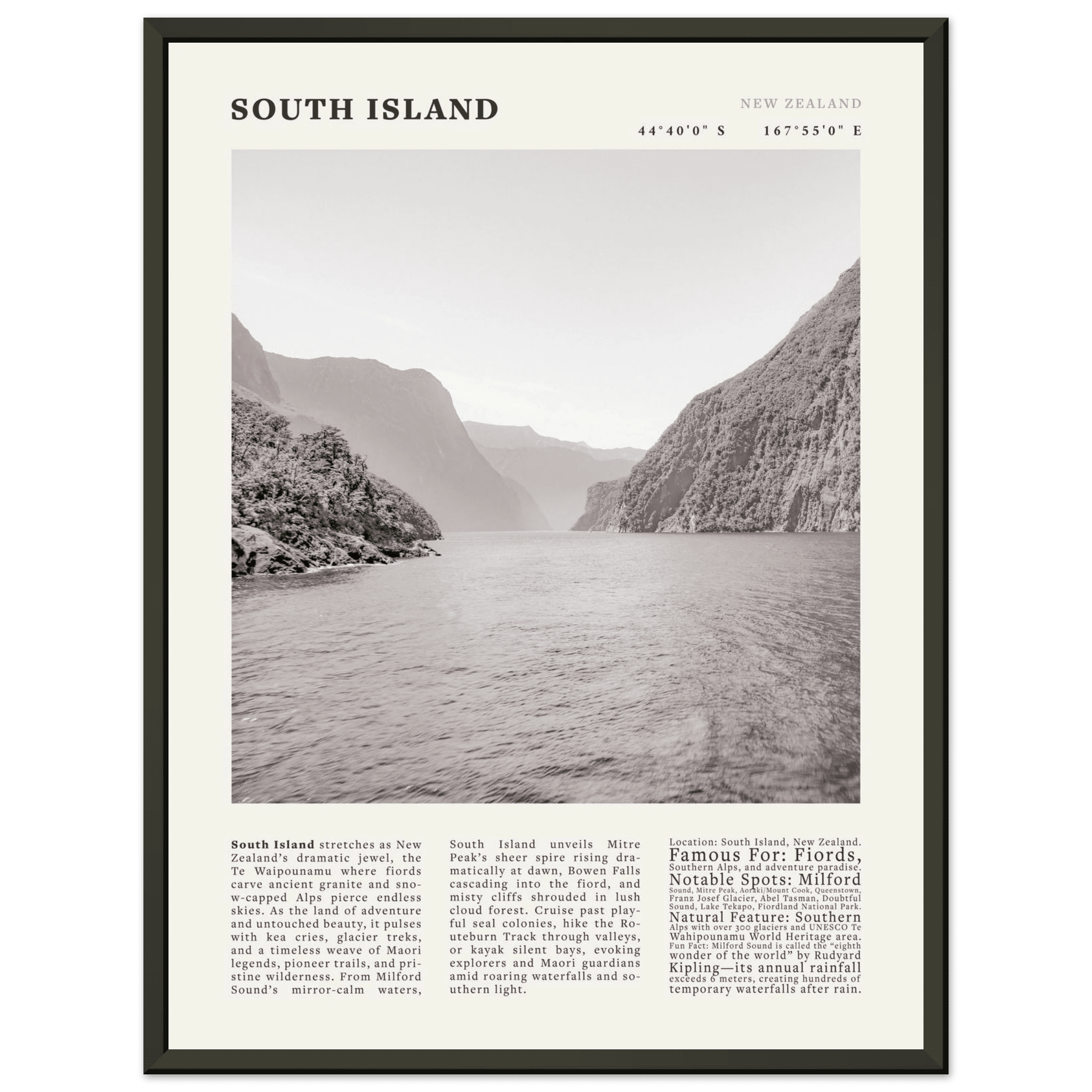 South Island New Zealand Poster Black and White – Vintage Milford Sound Fjord Print - Evergreen Posters