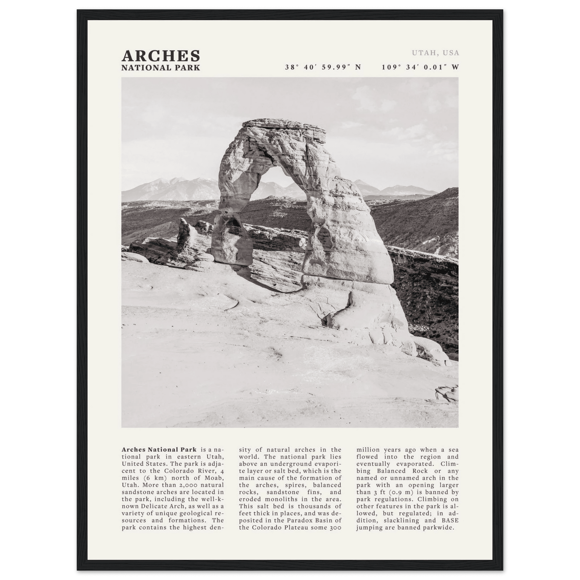 Arches National Park Poster | Black & White Utah Wall Art | Delicate Arch Print - Evergreen Posters