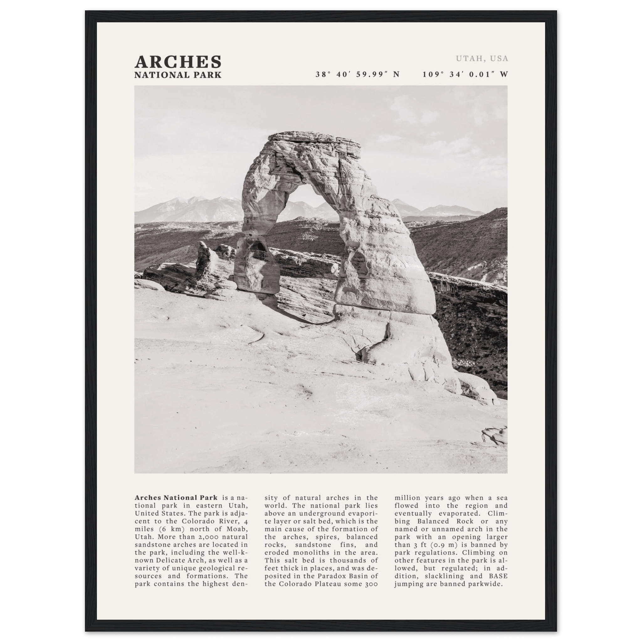 Arches National Park Poster | Black & White Utah Wall Art | Delicate Arch Print - Evergreen Posters