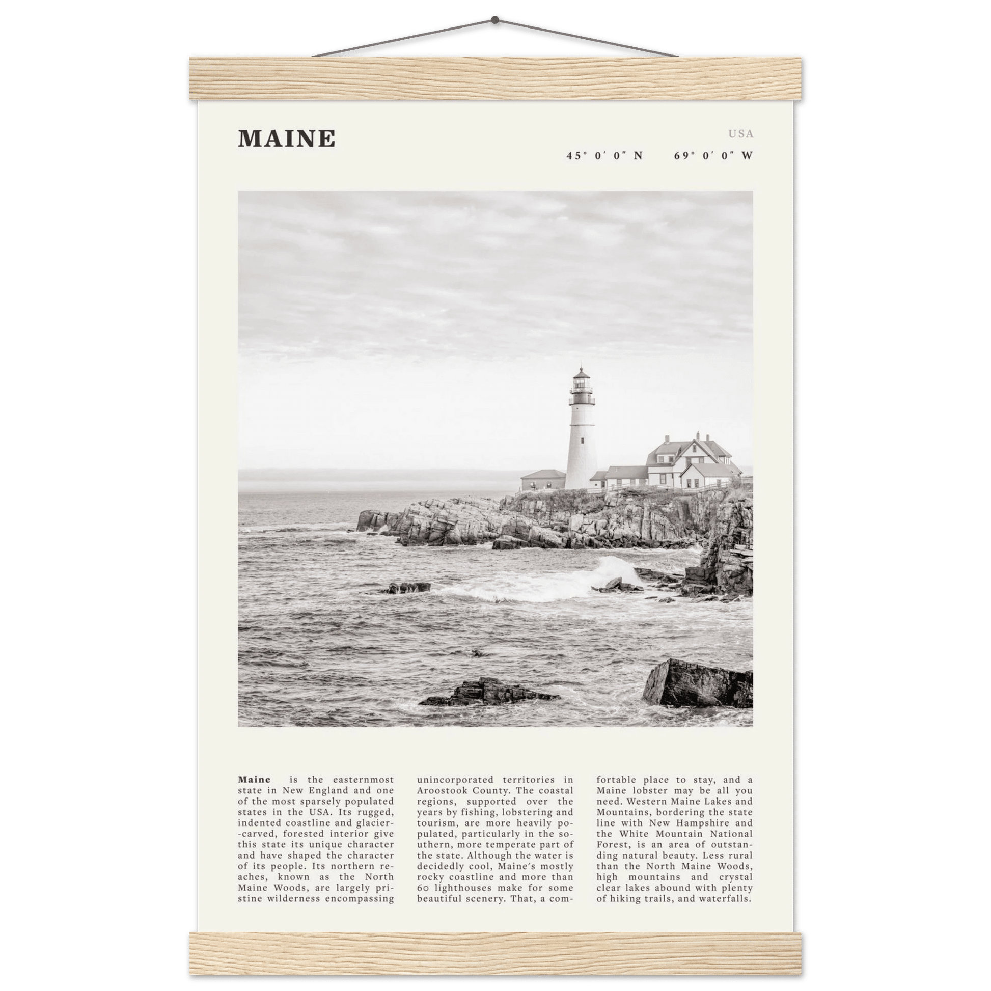 Maine Poster | Black & White Lighthouse Wall Art | New England Coastal Travel Print - Evergreen Posters